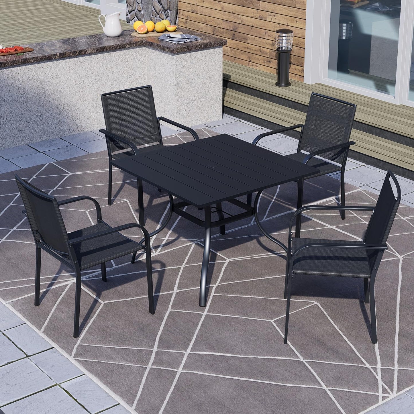 Anmutig Stackable Outdoor Dining Chairs Set of 4, Black Metal Frame with Mesh Fabric, Lightweight 9 lbs, Wide Seat, All Weather Dining Set for Lawn, Garden, Backyard, Poolside