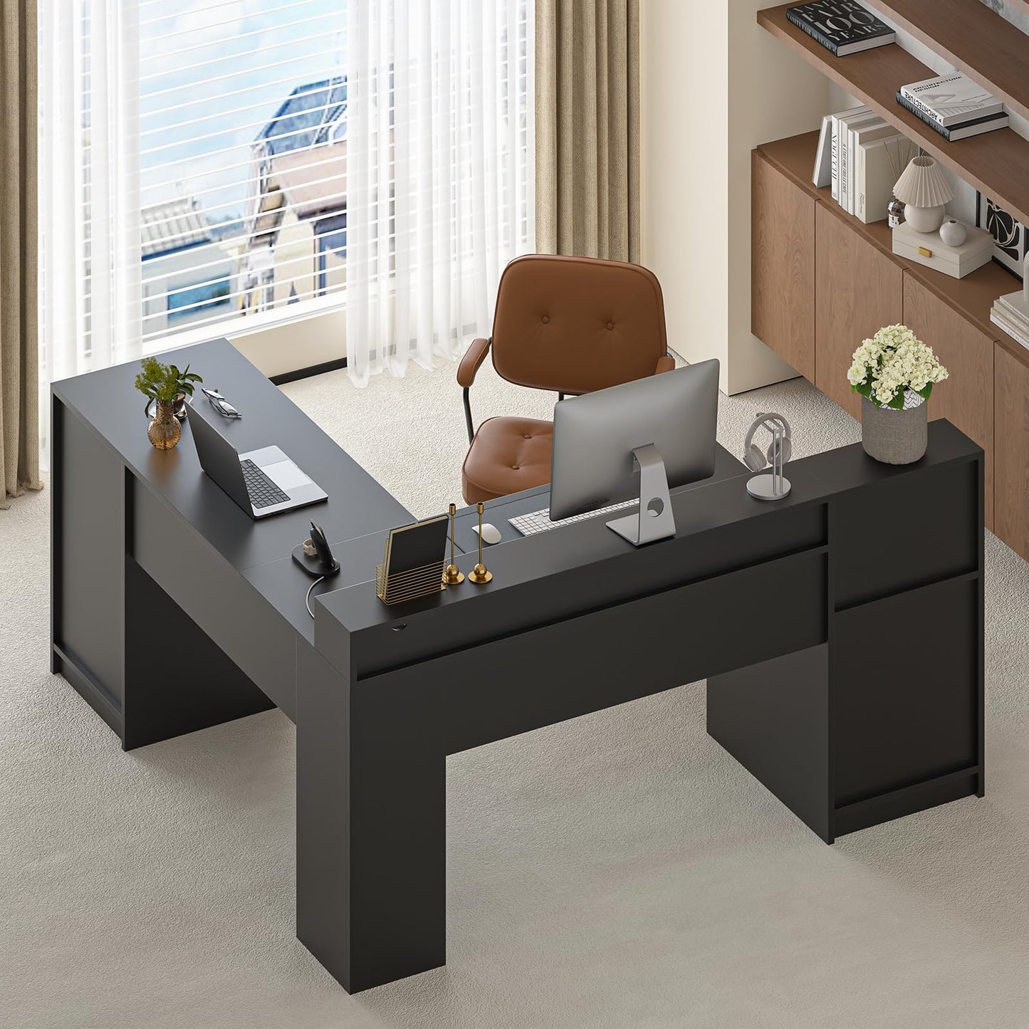 YOMILUVE 63" Farmhouse L Shaped Desk with Drawers & Storage Shelf, Corner Computer Desk with Power Outlets for Home Office, Executive Desk with Monitor Stand, Printer Shelf, Black
