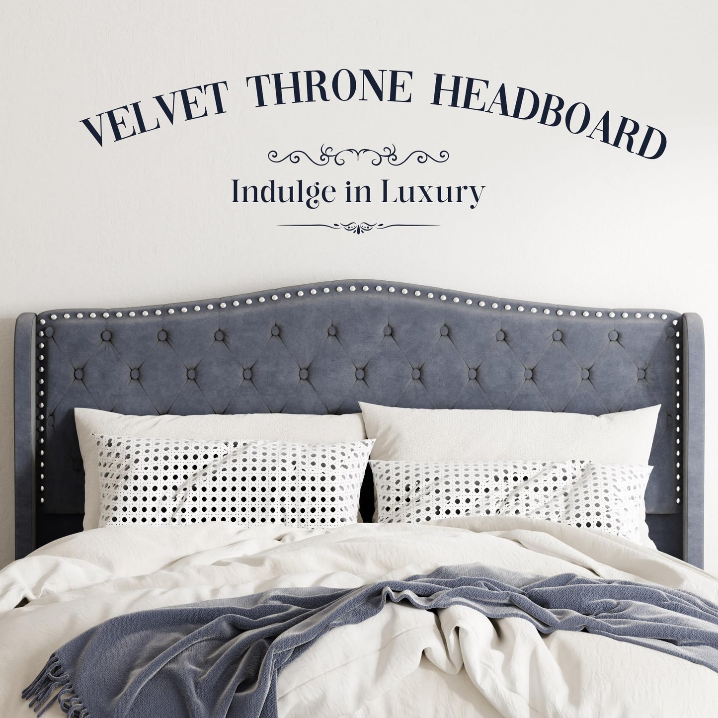 SwnftWinnt Queen Size Upholstered Bed Frame, Velvet Luxury Wingback Headboard, Platform Bed with Deep Button Tufted & Nailhead Trim, No Box Spring Needed, Noise Free, Easy Assembly, Grey