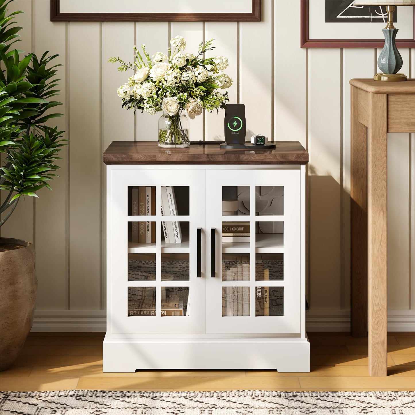 GarveeHome 24inch Farmhouse End Table, Rustic Square Nightstand Sofa Side Table with Charging Station Adjustable Storage Shelf for Living Room Bedroom, White