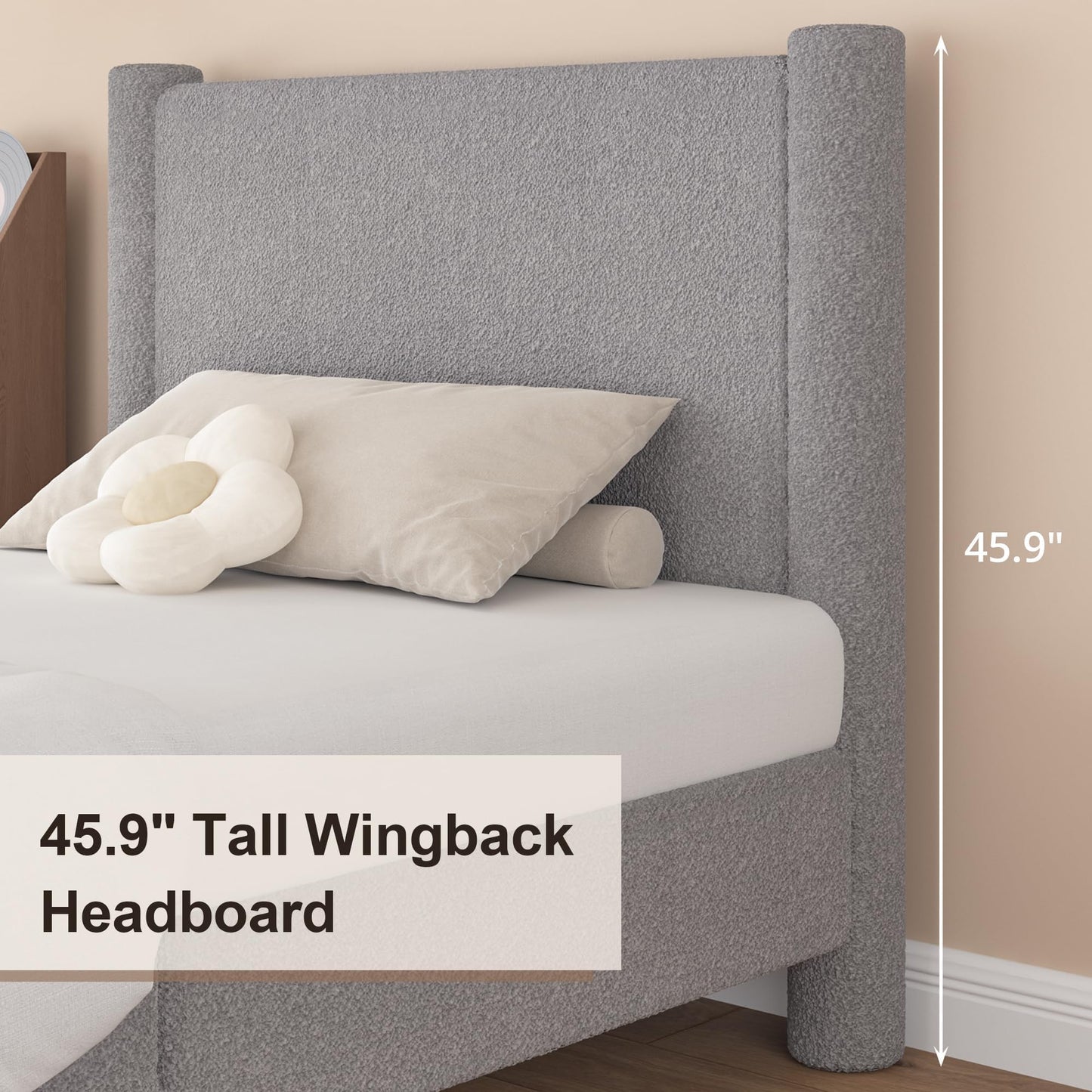 REVOMINCA Twin Size Bed Frame, Boucle Upholstered Platform Bed with Headboard and Footboard, Soft Rounded Corners, No Box Spring Required, Easy Assembly, Light Grey