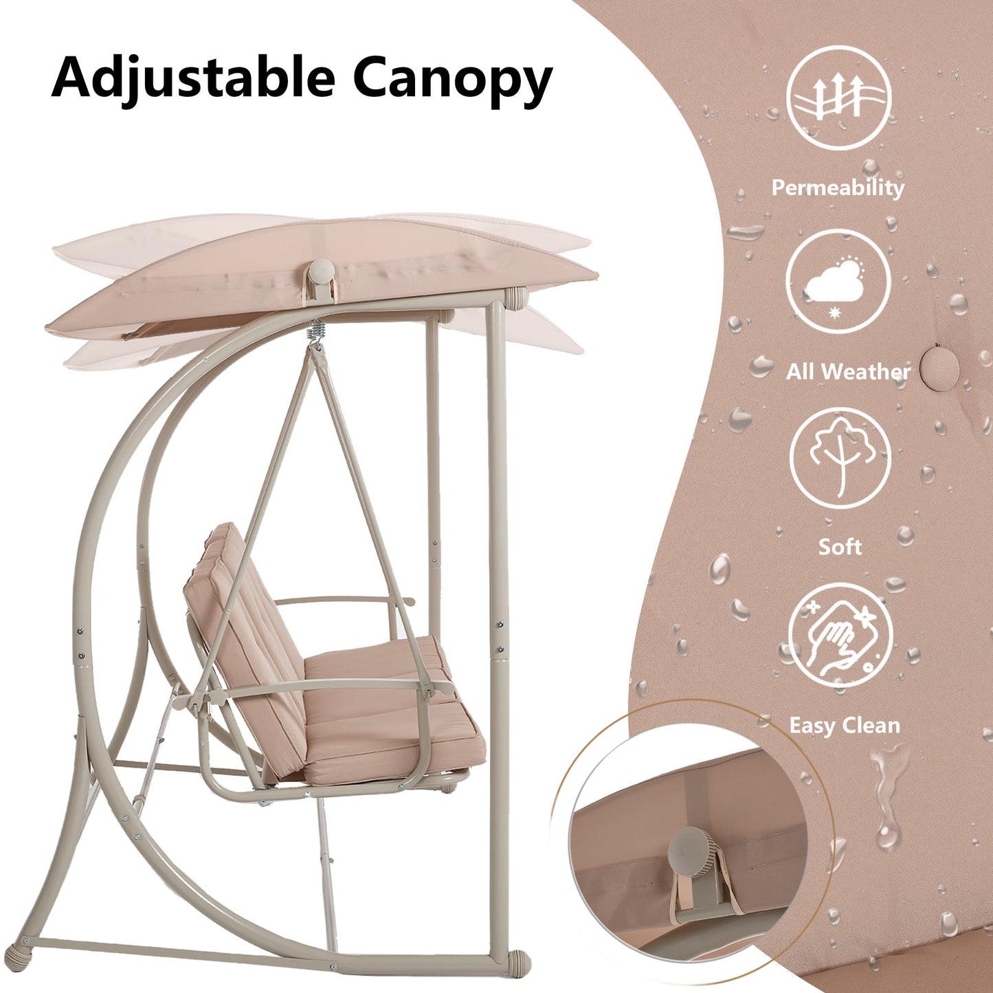 DAYARUS Modern Porch Swing with Stand, 3 Person Outdoor Patio Swings with Canopy, All Weather Backyard Swing for Adults, 2 in 1 Patio Swings Bed with Cushions, 600LBS Heavy Duty Outdoor Swing, Khaki