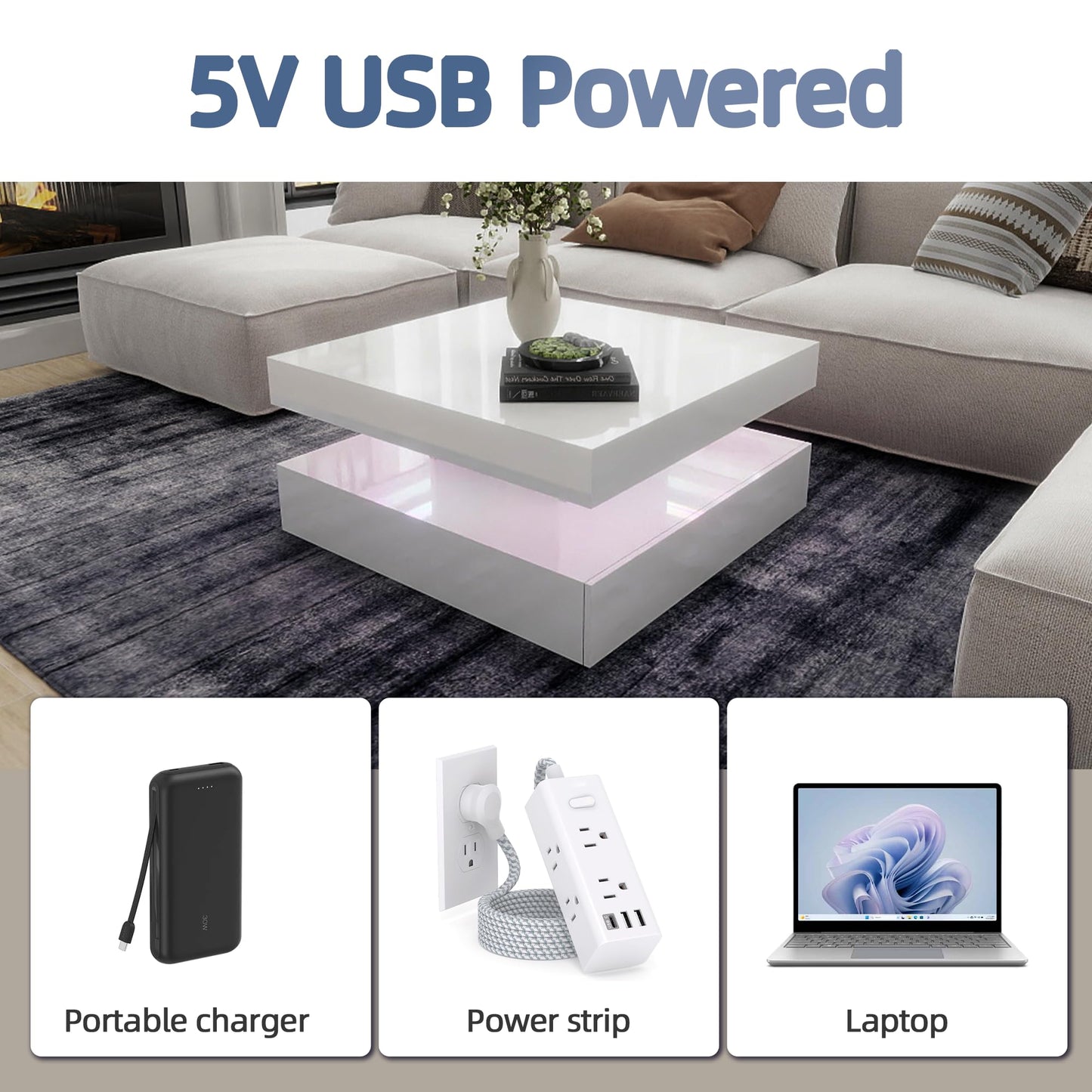 LED Coffee Table for Living Room, 2-Tier Modern Square Center Table with Music Sync Lights, High Gloss Surface, 30.75" x 30.75" (White)