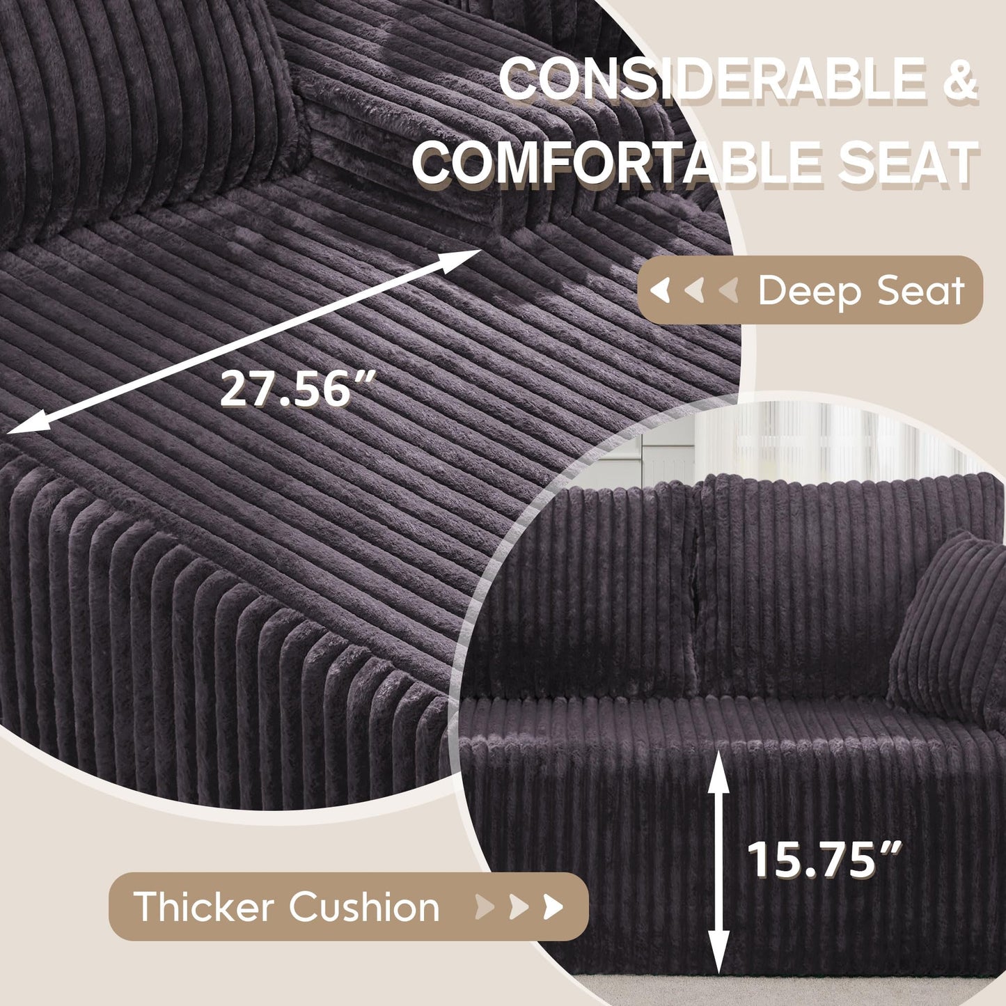 Hobestluk Modular Sectional Sofa Couches 108" L-Shape Couch 3 Seat Modular Sofa Memory Foam Sectional Couches for Living Room, Boneless Couch with Oversized Chaise (Grey, Right Facing)