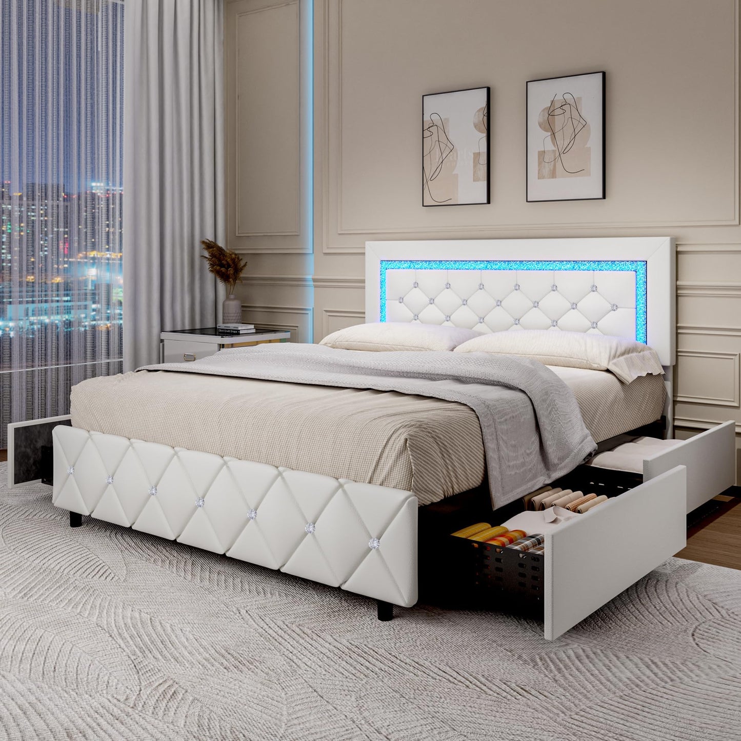 Queen Bed Frame with LED Lights, Upholstered Bed Frame with Storage Drawers, Princess Platform Bed with Diamond Headboard and Footboard, No Box Spring Needed, White