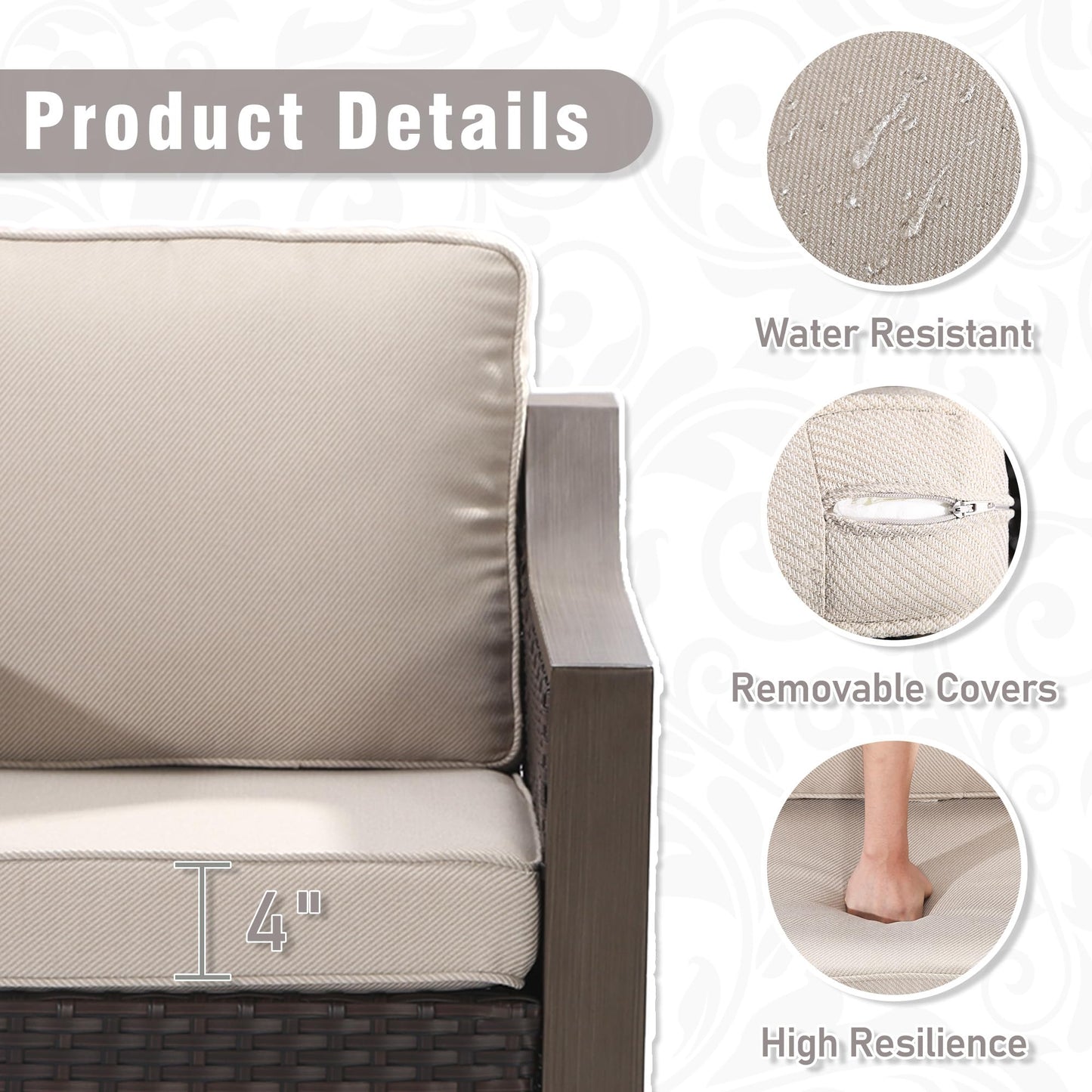 Qsoer 74 Inch Patio 3-Seater Sofa,PE Wicker Outdoor Lounge with Thick Removable Water-Resistant Cushions, Rust-Proof Steel Frame, 900LBS Capacity, Beige
