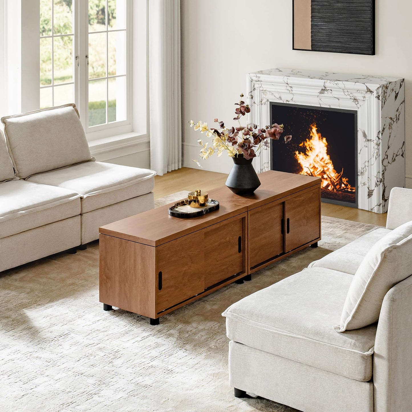 HULALA HOME Coffee Tables Set of 2 with Storage, Modern Sofa Side Tables with Modular Design, Rectangle Wood End Tables with Adjustable Shelves, Acorn