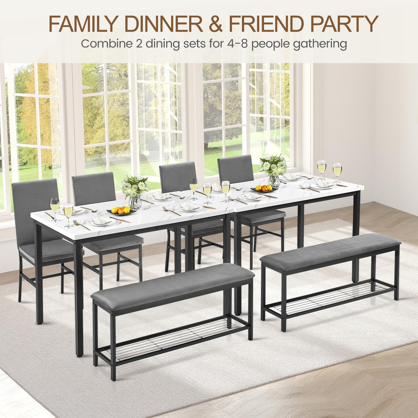 COCLUB Dining Table Set for 4, 47.2" Faux Marble Kitchen Table Set with Upholstered Velvet Chairs and Bench, 4-Person Rectangular Space Saving Dinette Set for Apartment, Restaurant, Home (Gray)