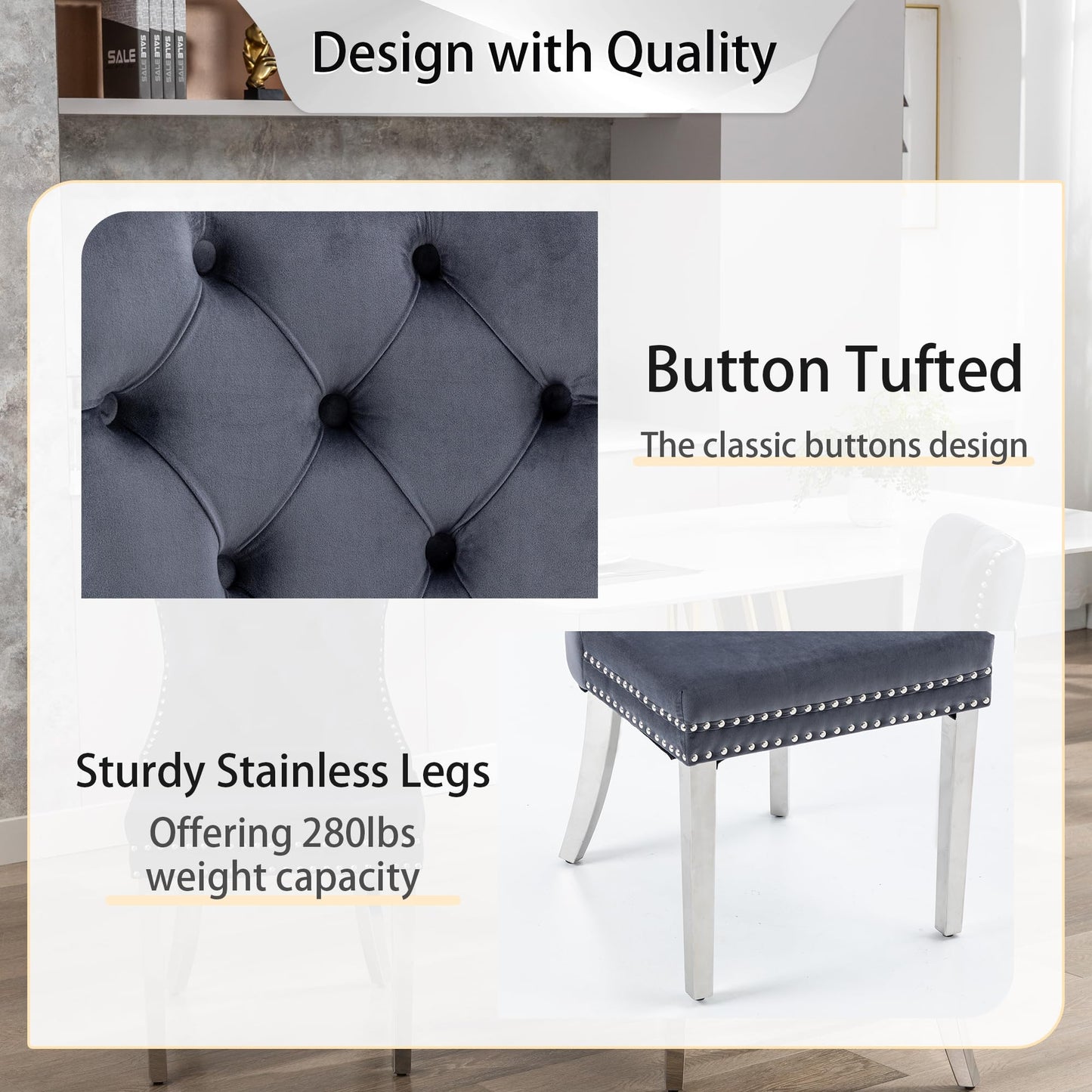 GOOLON Dining Room Chairs Set of 2, Tufted Velvet Chairs with Modern Stainless Steel Legs, Rivet Trim Metal Pull Ring Large Back for Kitchen Dining Room Restaurant, Dark Gray