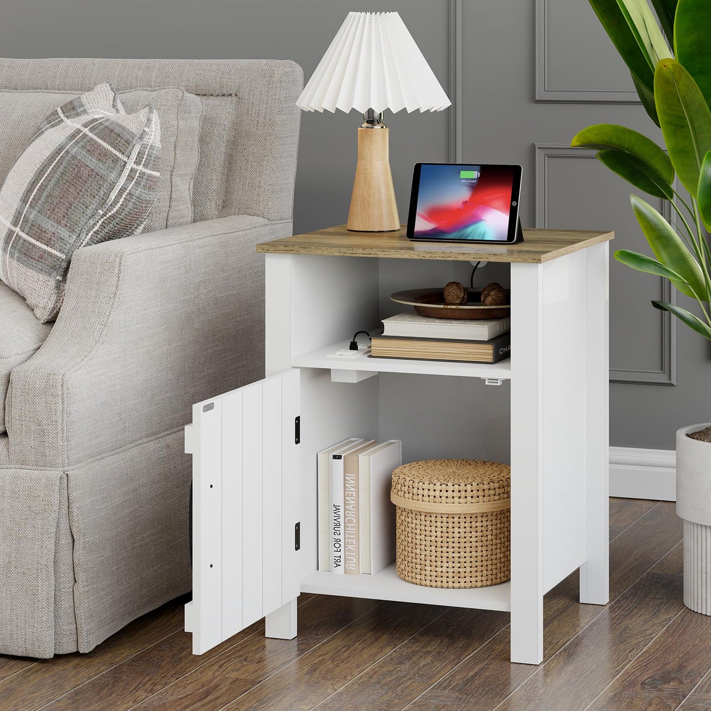 RRX Large Nightstand, End Table with Charging Station, 15.7''Lx17.7''Wx23.6''H Farmhouse Bedside Table with Barn Door and Storage Shelf, Wooden Sofa Side Table (2, White)