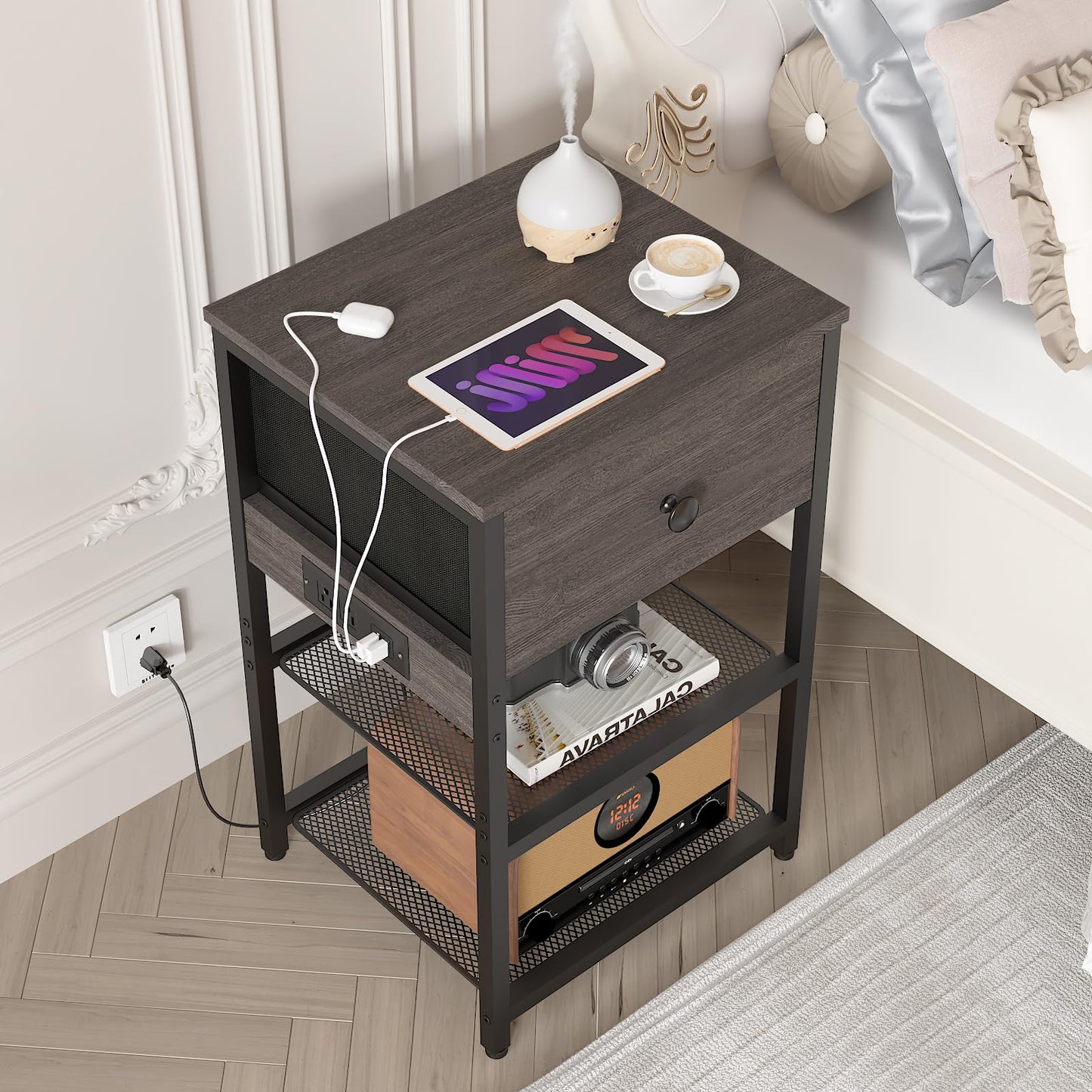 LTTDOUK Nightstands Set of 2 with Charging Station, Bedside Tables with Fabric-Wood 2-in-1 Drawer, End Table for Small Spaces, Grey Side Table with USB Ports and Outlets for Bedroom, Living Room
