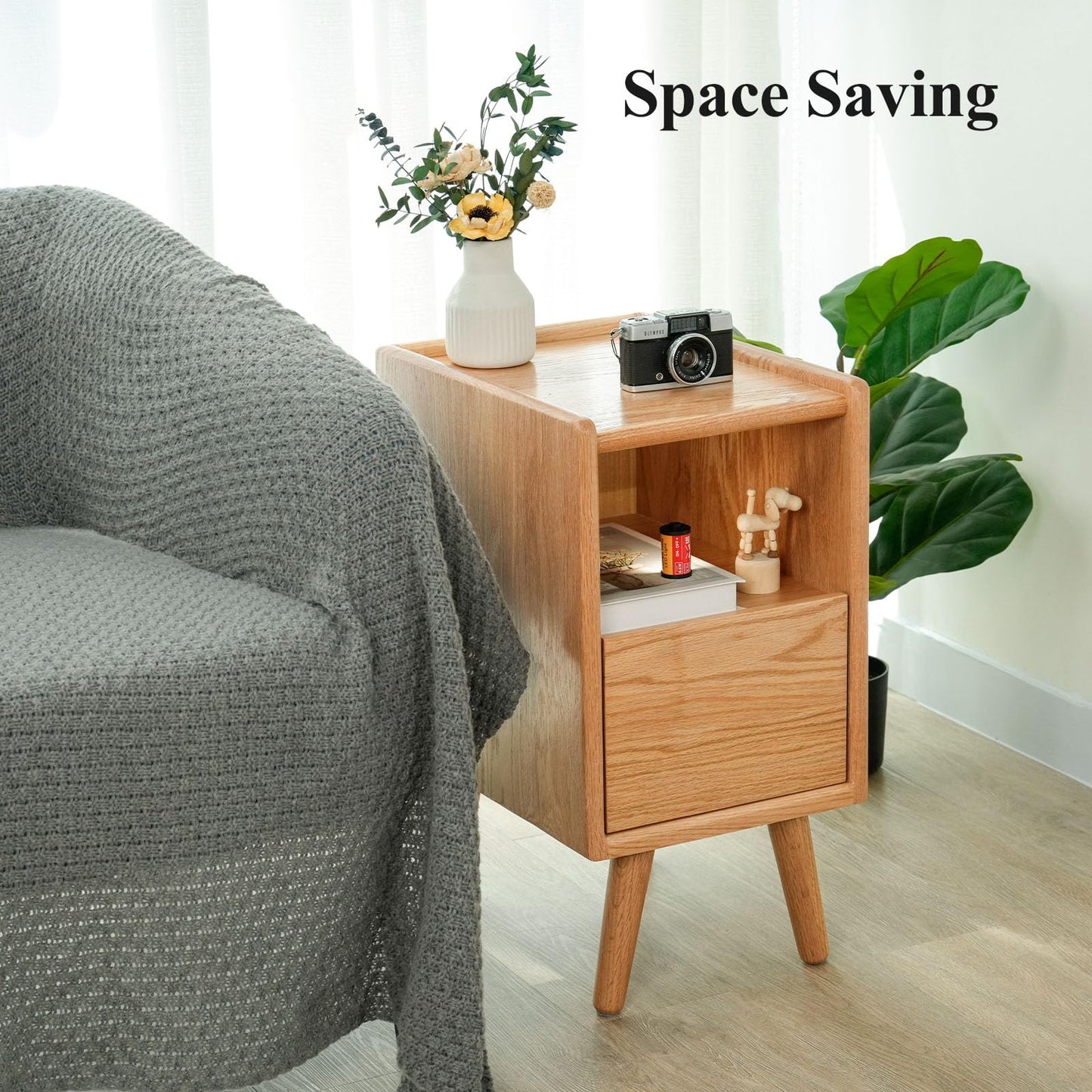 Cttasty Night Stand, Solid Wood Nightsatnd with One Drawer & Open Shelf, Mid Century Modern Nightstand, Durable & Sturdy Small End Table, 11.81 W x 15.75 D x 22.05 H Inches, (Natural)