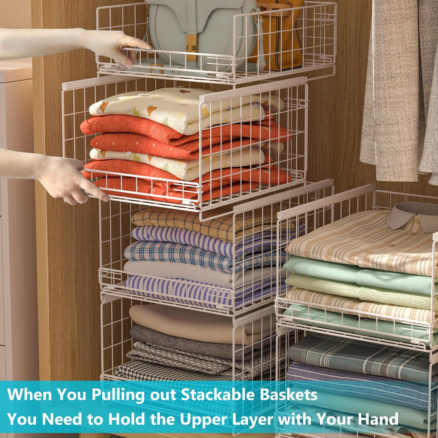 Hongtamoya 4-Tier Stackable Closet Organizers and Storage Shelves, Sliding Storage Basket Clothes Bins Drawer Shelf Container for Wardrobe Kitchen Bathroom Office, White
