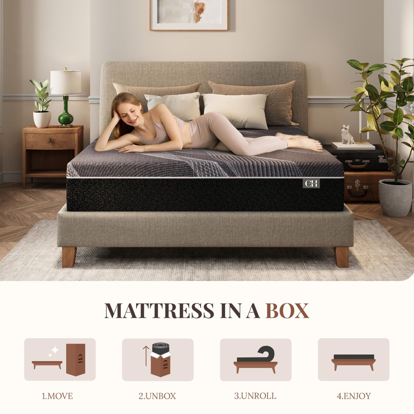 CH CHARME HOUSE 10 Inch Queen Mattress, Bamboo-Charcoal Memory Foam Mattress, Cooling & Pressure Relief, Bed in a Box, Foam Made in USA & CertiPUR-US Certified, 60'x80'x10', Black