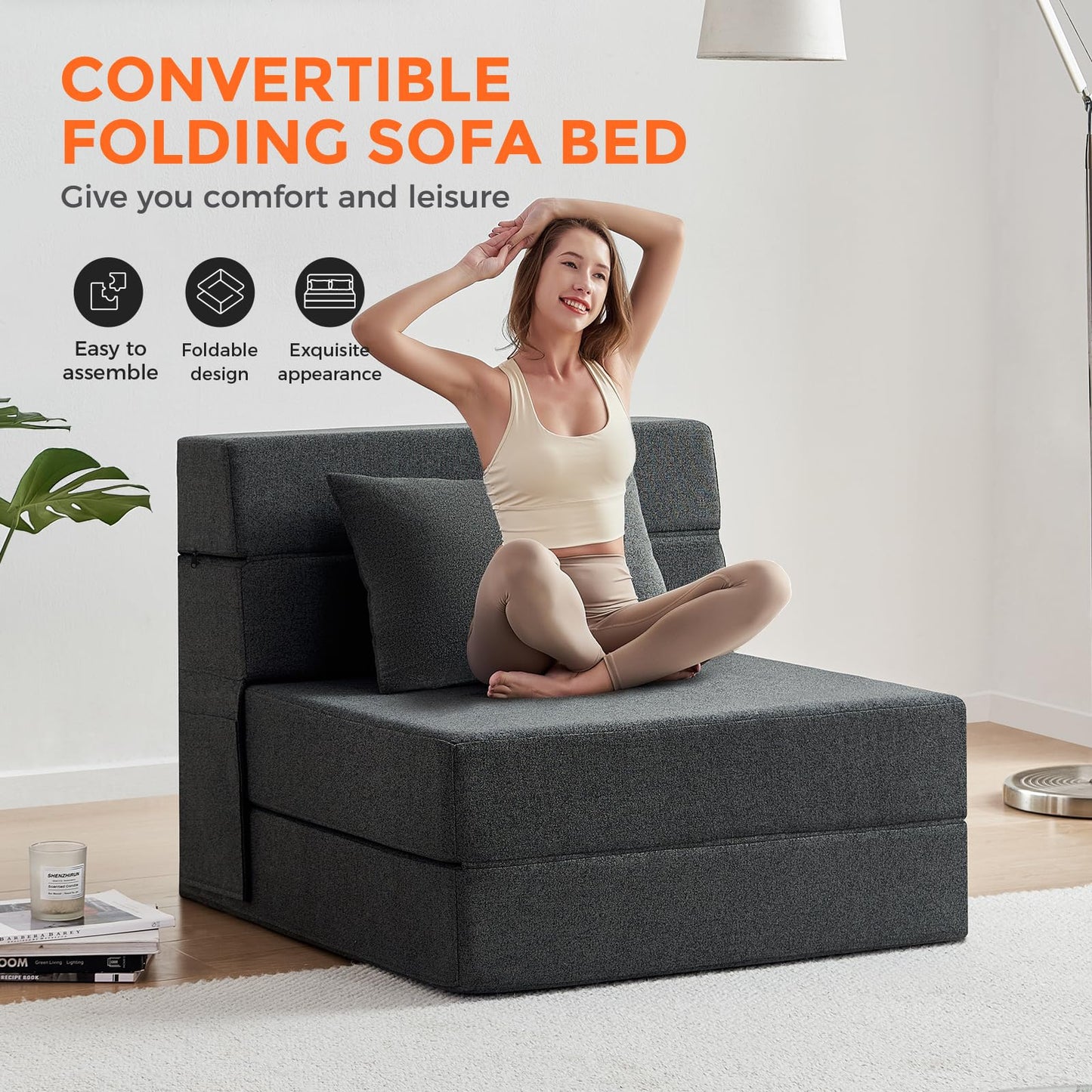 TKBRWU Folding Sofa Bed - Convertible Sleeper Chair with Pillow, Folding Chair Bed, Foam Floor Mattress, Futon Couch, Lazy Sofa for Living Room/Dorm/Guest Room/Home Office,Single，Gray