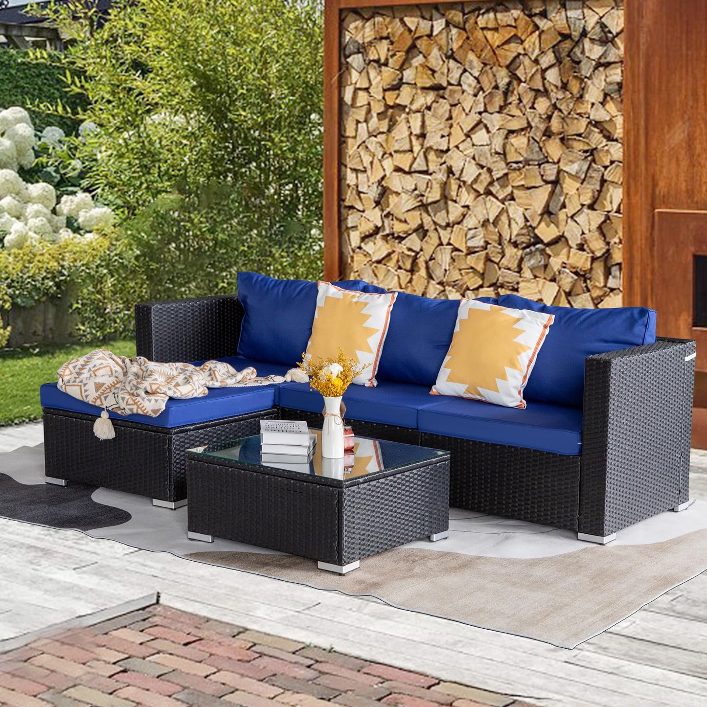 PAOLFOX 5 Piece Patio Furniture Sets,Patio Conversation Sets,Rattan Outdoor Furniture,Rattan Patio Chairs and Table,Black/Blue
