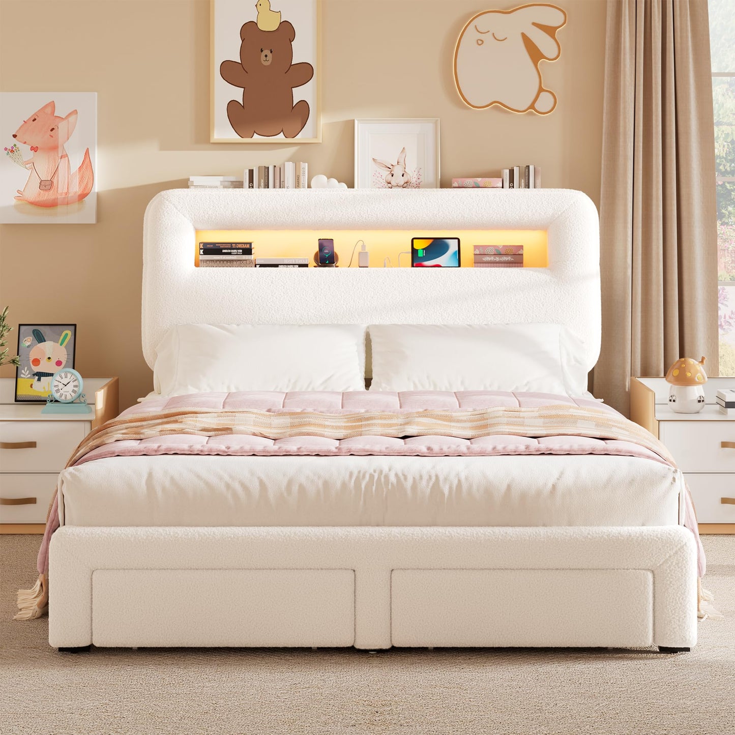 VINTLJUS Queen LED Bed Frame with Storage Headboard & Charging Station, Kids Bed Frames with Bookcase, Teddy Fleece Upholstered Platform Bed Frames with 2 Storage Drawers, No Box Spring Needed, Beige