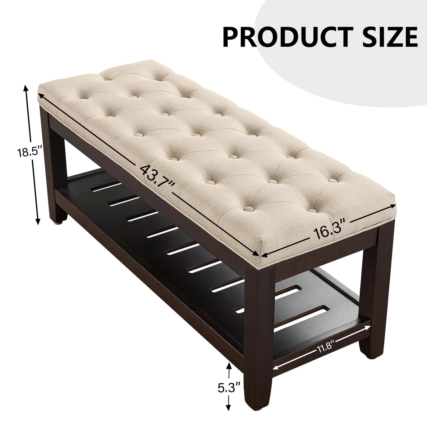 adochr Linen Large Rectangular Ottoman with Storage, Upholstered Entryway Bench for Living Room, Oversized Button Tufted Ottoman with Wood Shelf Storage, Light Brown