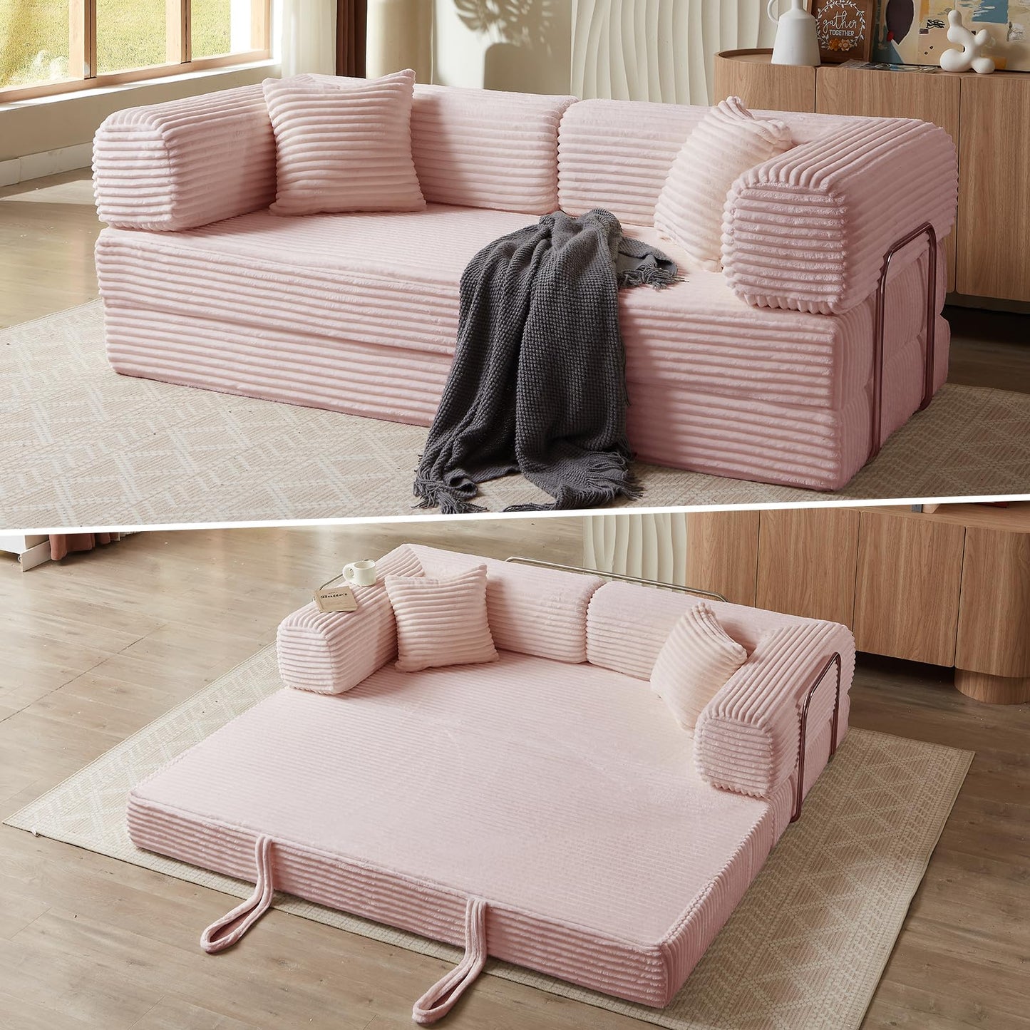 HUAYICUN 4-in-1 Convertible Folding Sleeper Sofa Bed, Plush Corduroy Foldable Mattress Couch with Fixed-Shape Frame, Floor Compressed Sofa for Living Room, Bedroom (Pink)