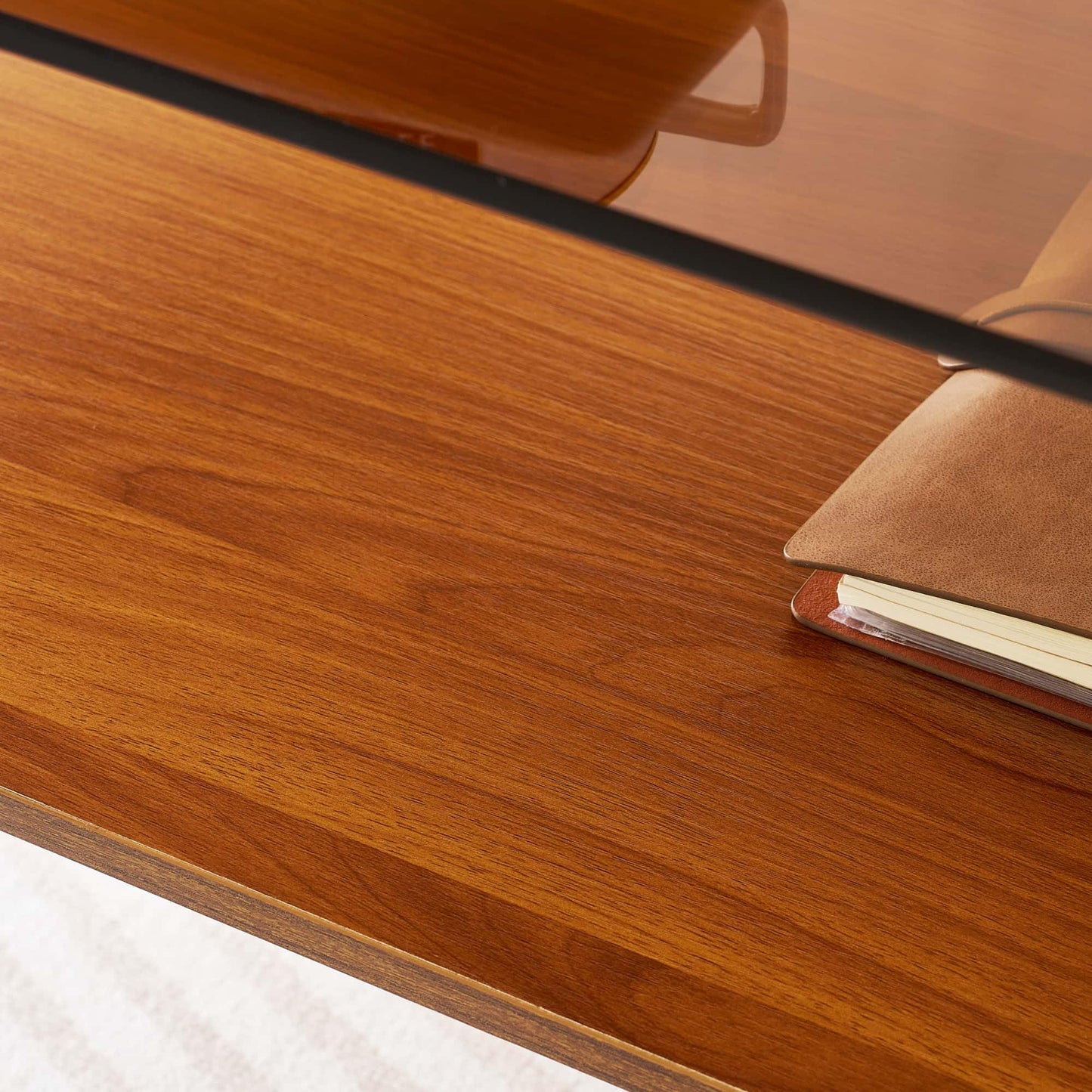LumFurn Oval Glass Coffee Table, Mid-Century Modern Design, L41 x W21 x H17 inch, for Living Room, 2-Tier Structure, Amber Glass Top and Walnut Finish Wood Shelf, Conical Legs with Gold Finish Frame