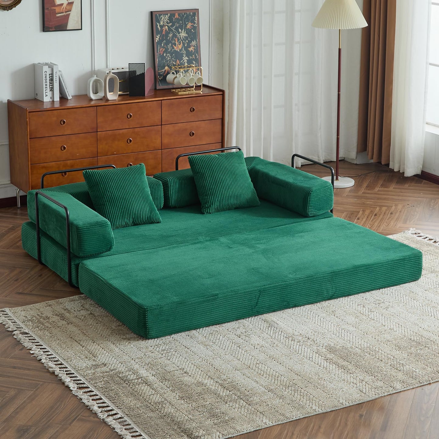 ETCZOYE Folding Sofa Bed, Modular Sectional Cloud Couch, Convertible Sleeper Sofa Bed with Pillow Back Support Armrest for Living Room Bedroom Lounge, No Assembly Required, Corduroy (Dark Green)