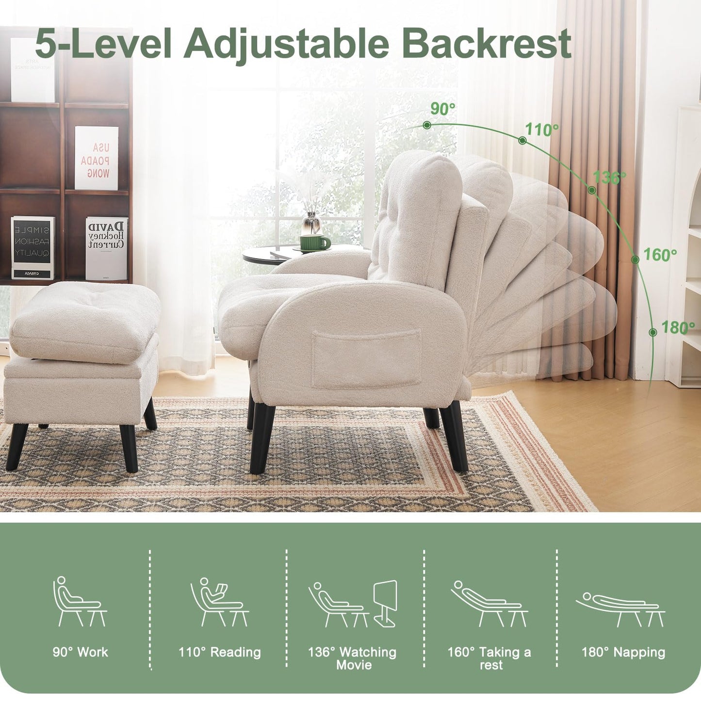 ELUCHANG Accent Chairs with Ottoman, Upholstered Comfy Armchair with Adjustable Backrest&Storage Footrest, Lazy Chair Reading Chair Leisure Sofa Recliner for Living Room Bedroom (White - Teddy Fabric)
