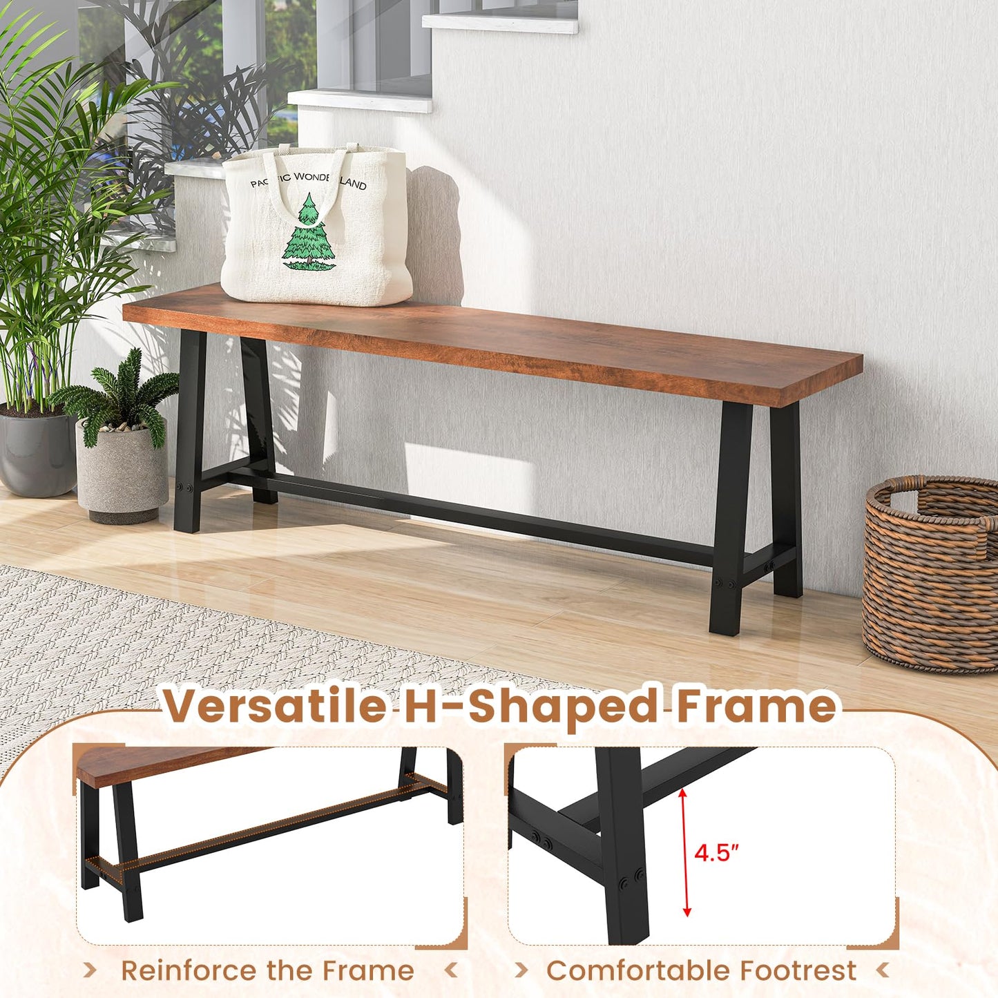 Giantex 60” Rectangular Wood Dining Bench, 3 Person Entryway Shoe Bench with Metal Frame, Farmhouse Indoor Benchs for End of Bed, Hallway, Living Room & Dining Room (60”L)