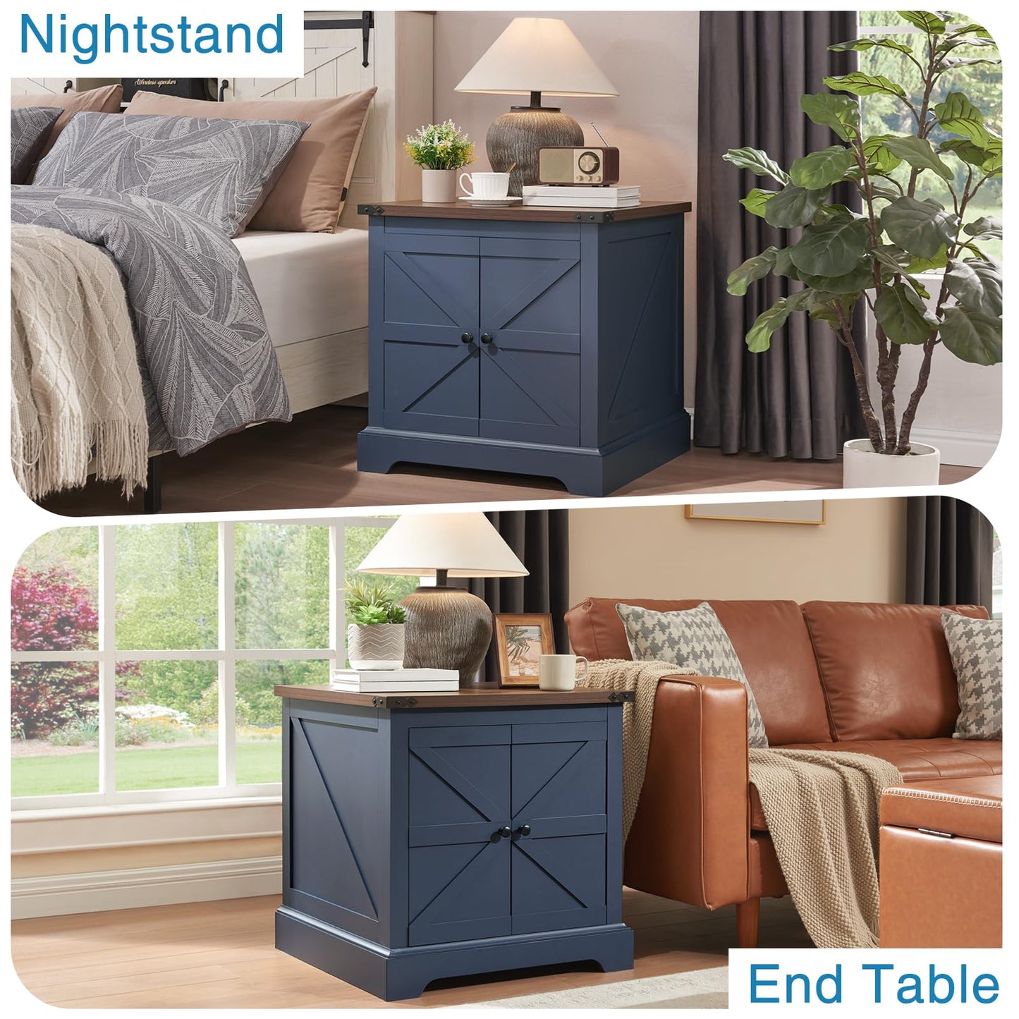 QUW 24" End Table with Charging Station, Bedside Table with Barn Door and Adjustable Shelves, Farmhouse Side Table, Nightstand for Bedroom, Living Room, Blue
