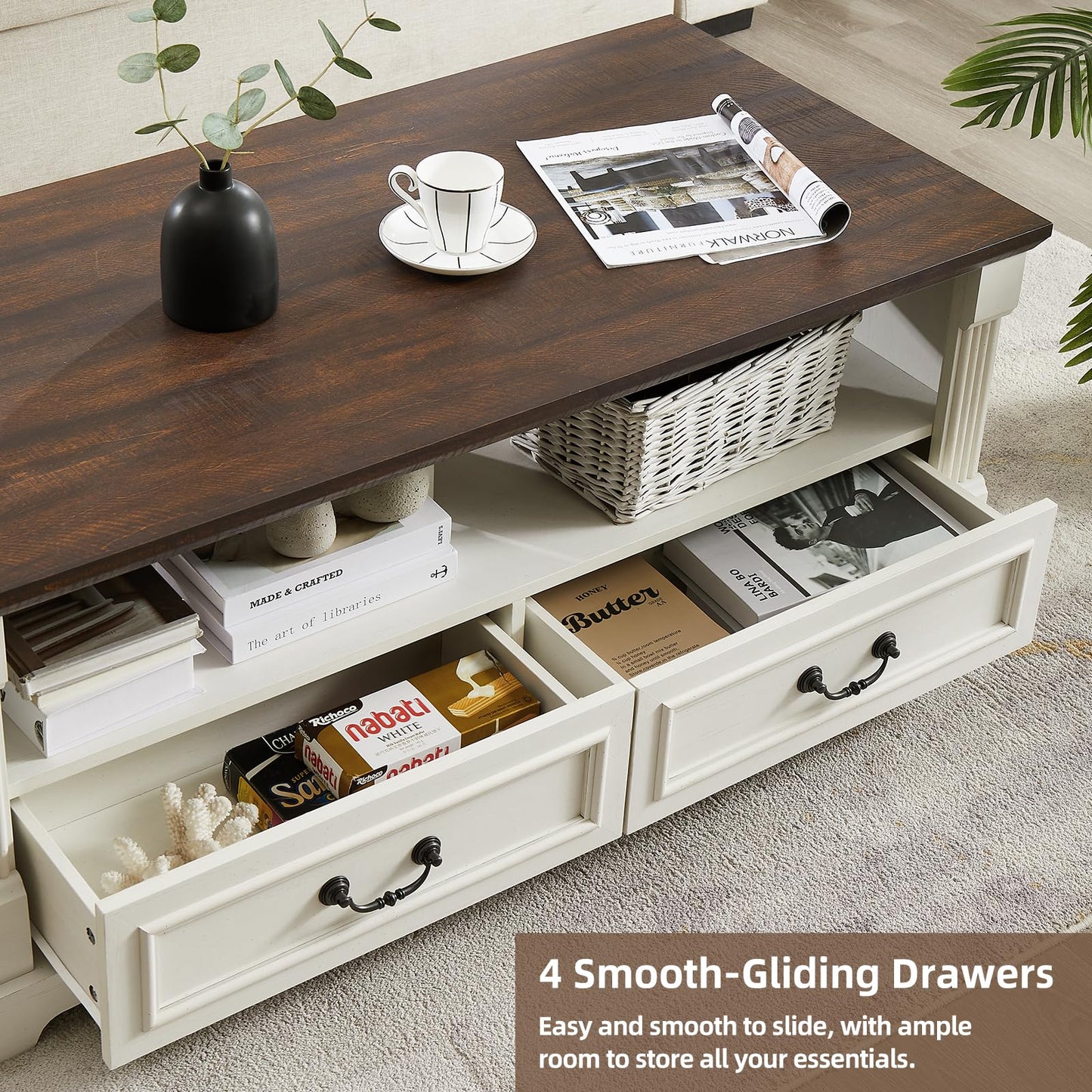 Minifeel 48'' Wood Coffee Table for Living Room, Farmhouse Coffee Table with Storage, Rustic Center Table for Living Room with 4 Drawers, Farmhouse & Industrial Cocktail Table for Home
