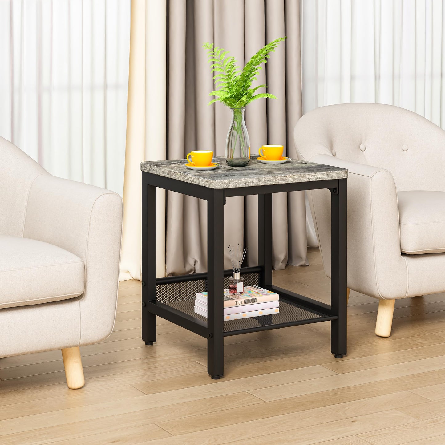 Lamerge 3 Pieces Living Room Table Set, Industrial Coffee Table with 2 Square End Side Tables, Coffee Table Set with Metal Frame for Apartment Home Office (Grey)