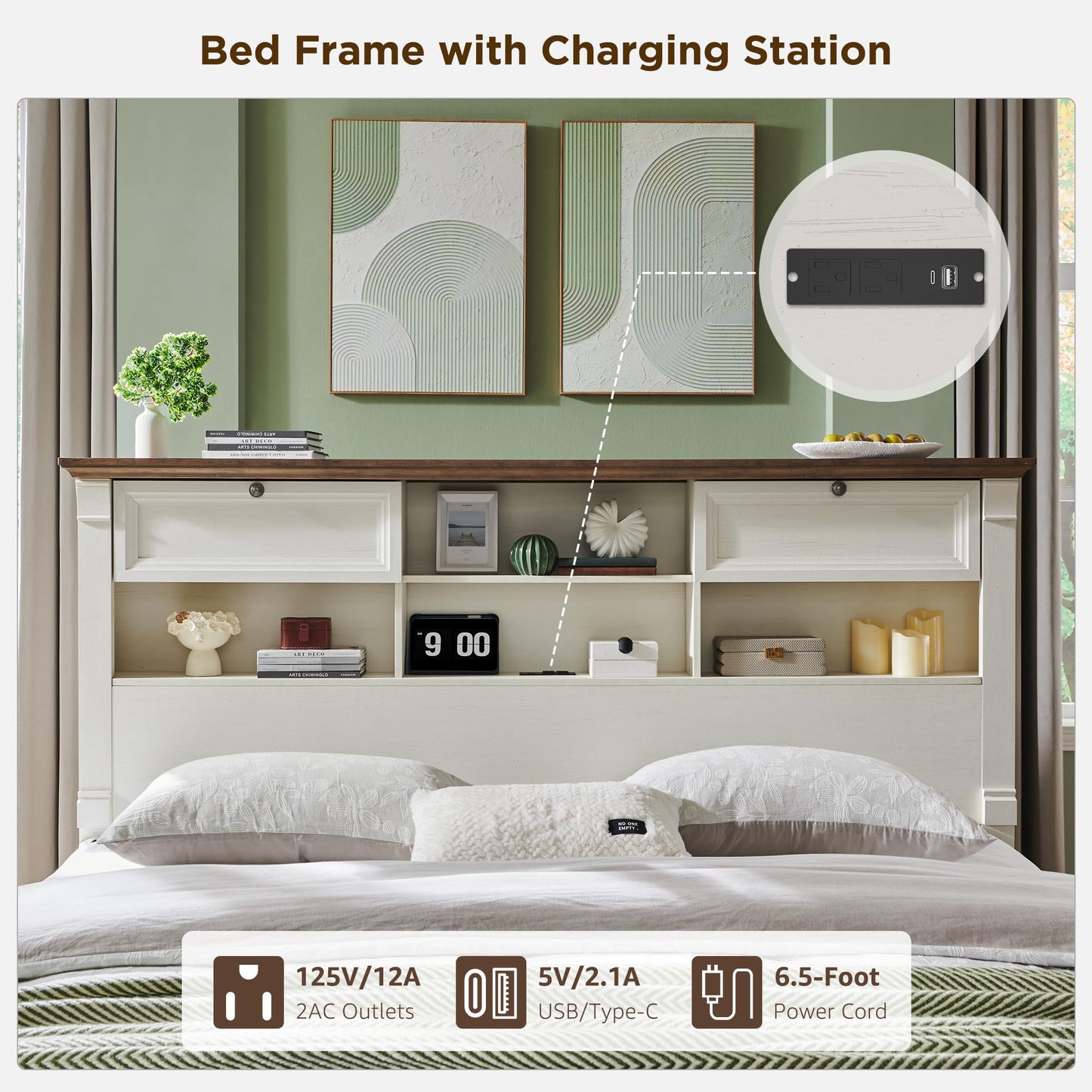 Farmhouse King Size Bed Frame with 54" Tall Storage Bookcase Headboard, Wood Platform Bed Frame with 2 Drawers & 18" Tall Roman Column Decoration Footboard, No Box Spring Needed(Antique White)