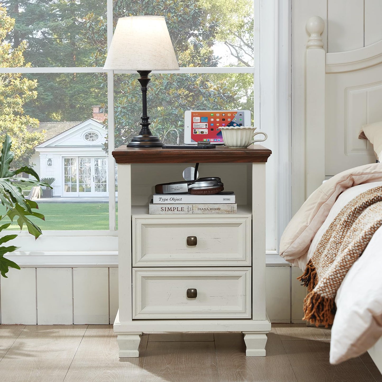 SAVOR LIFE Farmhouse Night Stand with Charging Station, Rustic and Modern Nightstand,2 Drawers End Table for Living Room,Bedside Table with Open Shelf for Bed Room,White