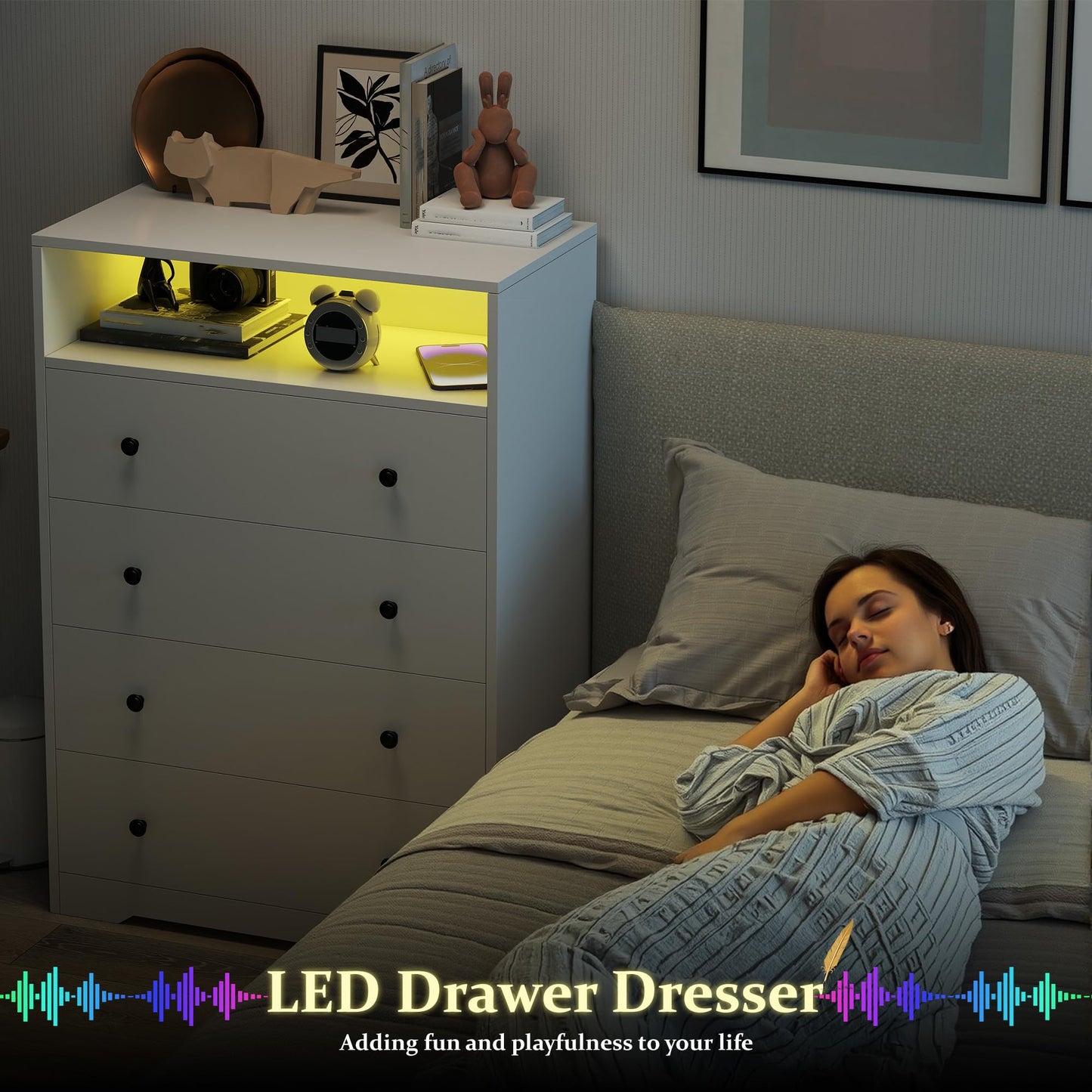 Homkdom White Dresser with LED Light, Tall Dresser with 4 Drawers & 1 Shelves, Chest of Drawers for Bedroom, Hallway, Entryway, 43.4" H x 27.6" W x15.8 D
