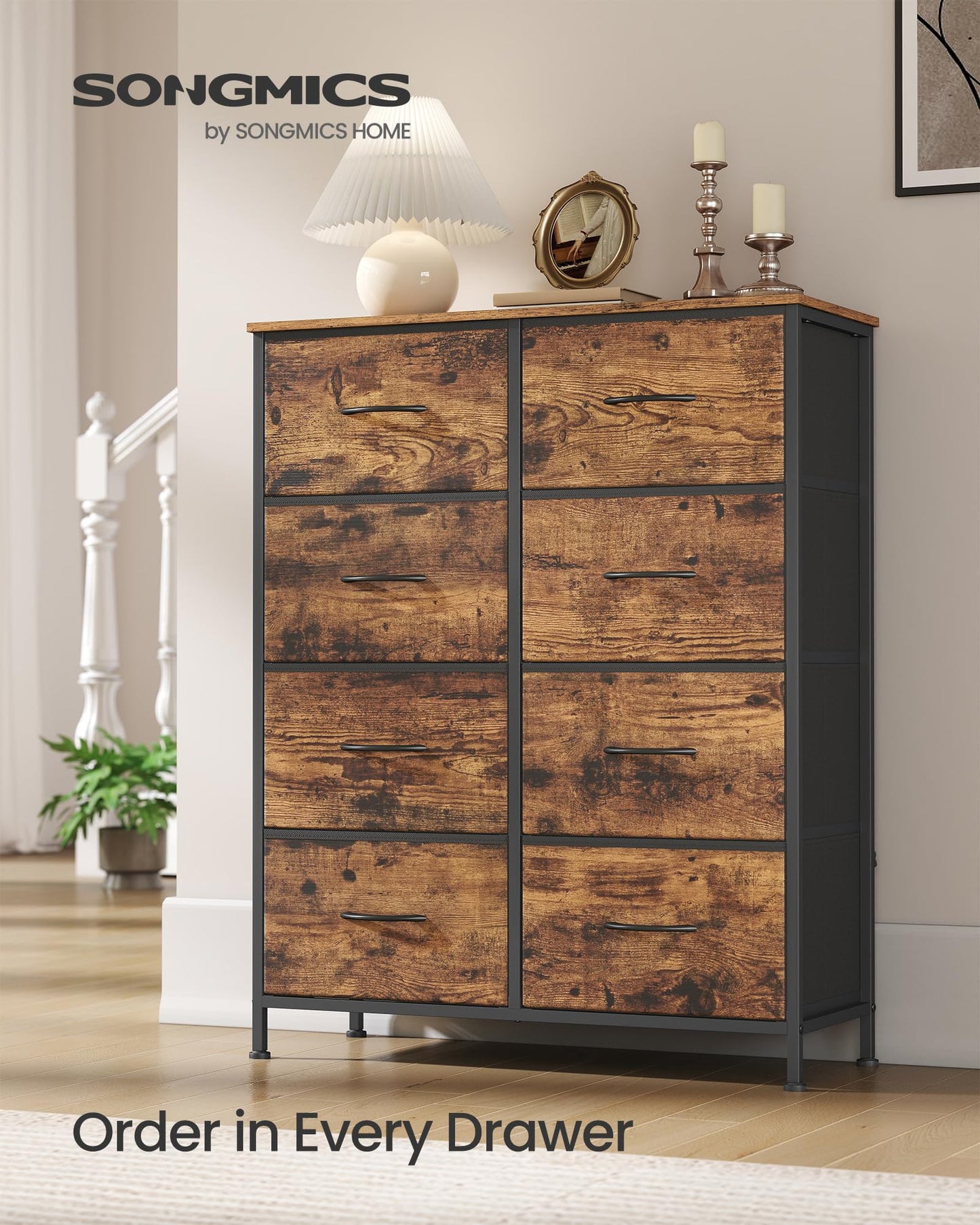 SONGMICS Dresser for Bedroom, Chest of Drawers, Steel, MDF, 8 Non-Woven Fabric Drawers, Storage Organizer Unit, Closet, Entryway, Rustic Brown and Ink Black ULGS124B02S