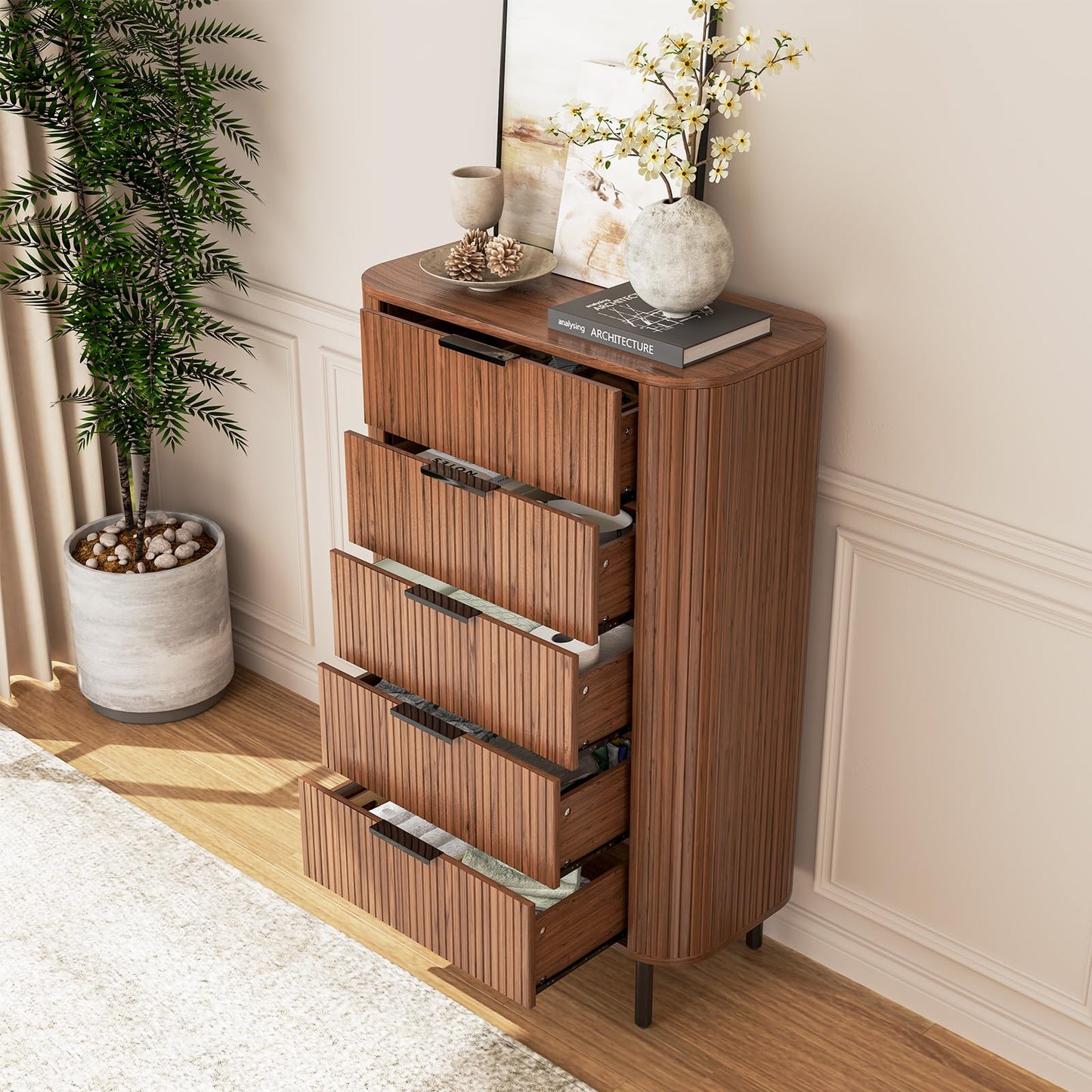 ONBRILL Fluted Dresser for Bedroom with 5 Drawers, 32 inch Chest of Drawers, Mid Century Modern Tall Dressers with Curved Profile Design for Closet, Wood TV Stand for Living Room, Hallway, Walnut