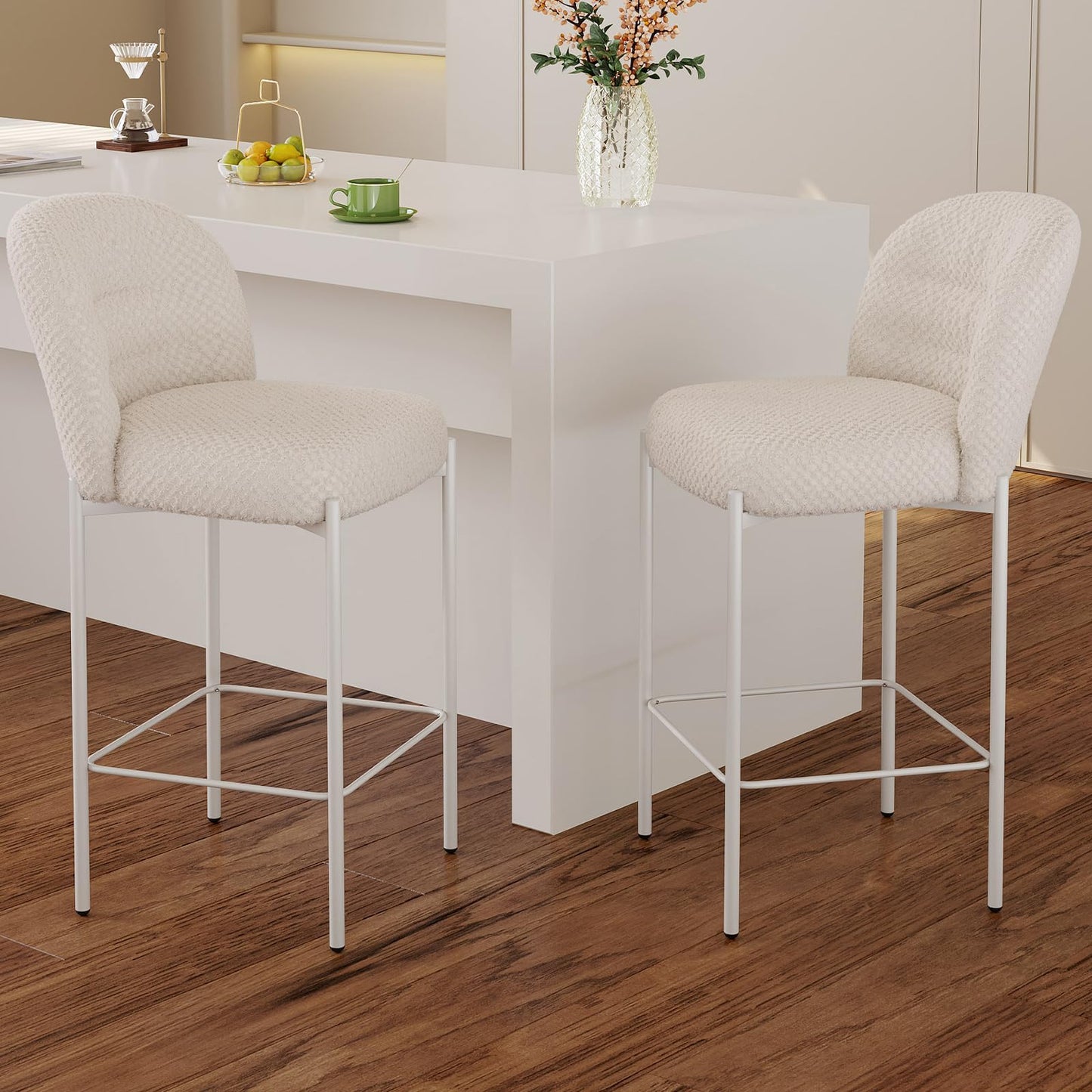 Guyii Beige Counter Height Bar Stools Set of 2,Velvet Fbric BarStools with Back,Counter High Chairs with Metal Legs,2 Pieces Bar Stool Set for Kitchen Island Bar