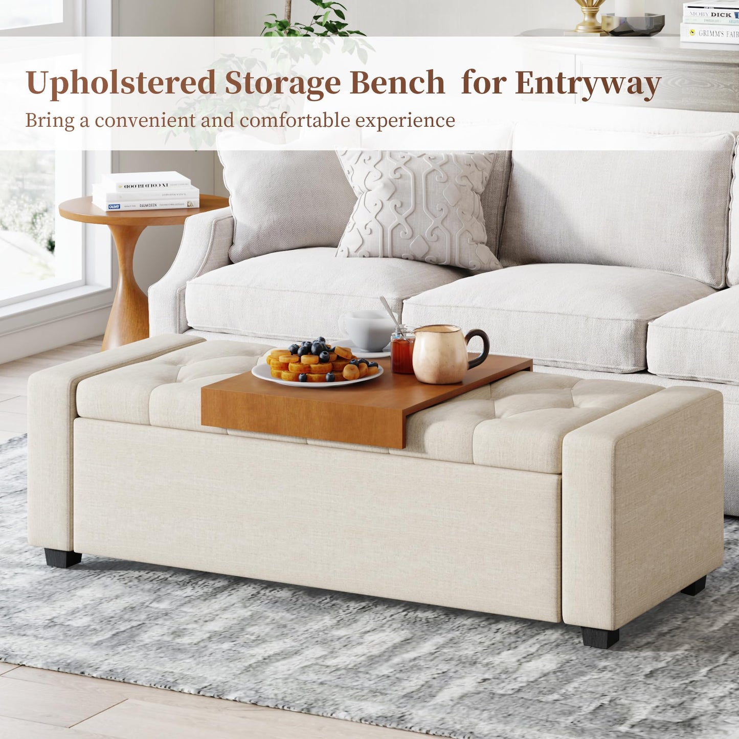 Atrtivoent 47" Ottoman Bench, Living Room Storage Bench with Removable Tray, Upholstered Tufted Window Benches, Ottoman Bench Seat with Storage for Bedroom, Entryway (Beige1, with Tray)
