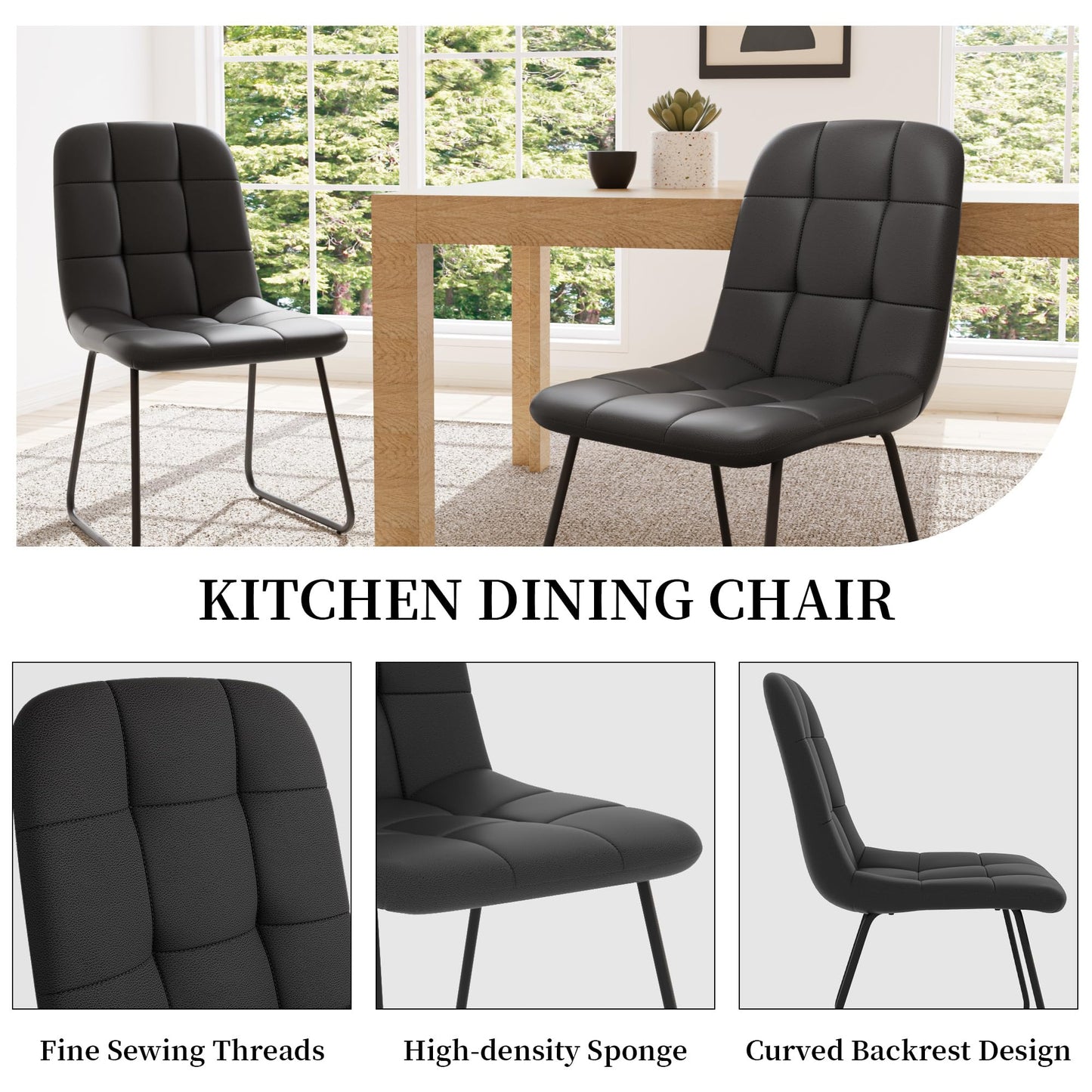HIPIHOM Dining Chairs Set of 2, Modern Kitchen Faux Leather Dining Room Chair for Kitchen Living Dining Room (2 Black)