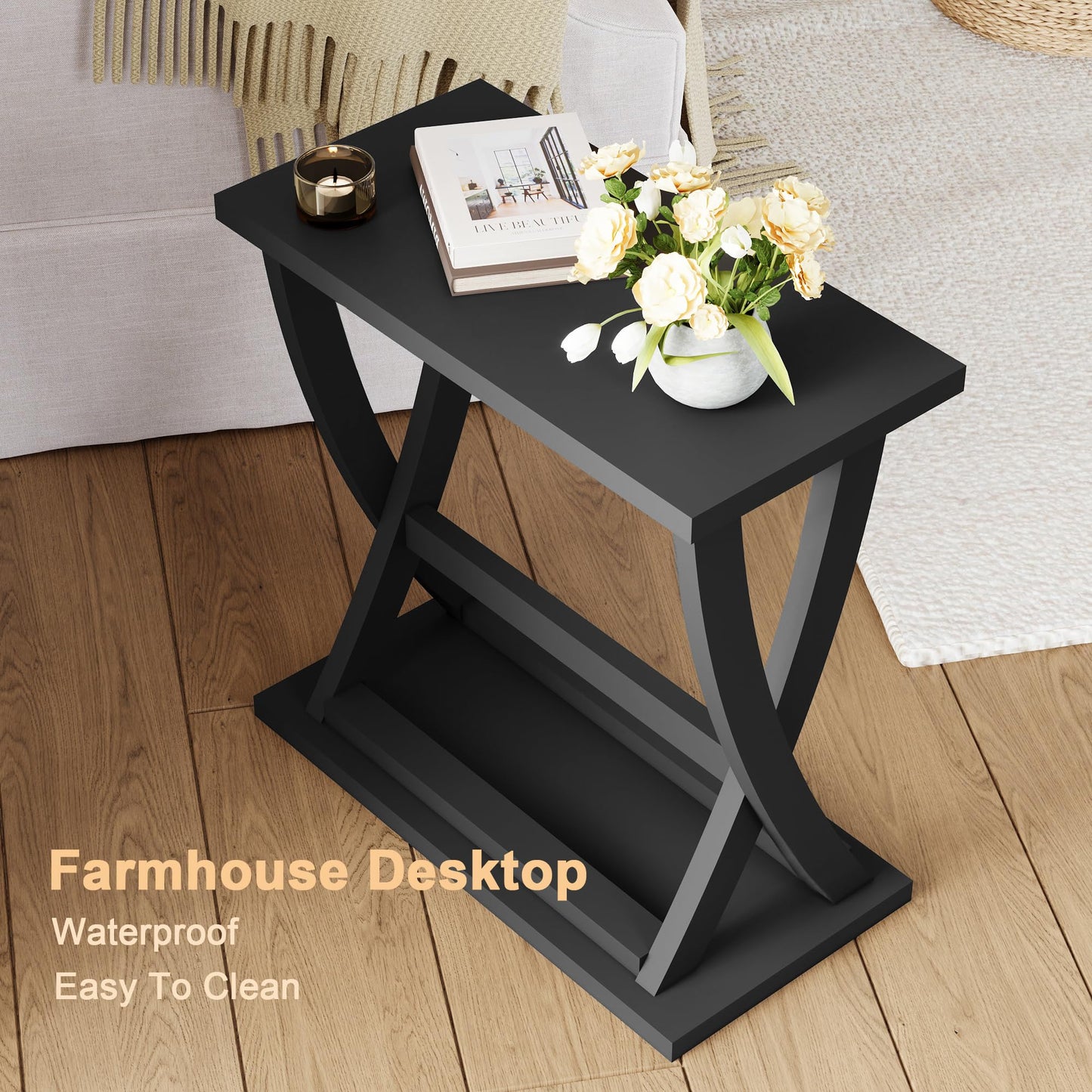 ChooChoo Black End Tables Living Room Set of 2, Narrow Side Table with Storage Shelf, Modern X-Design Slim End Table for Living Room, 11.8" D*23.6" W*23.4" D