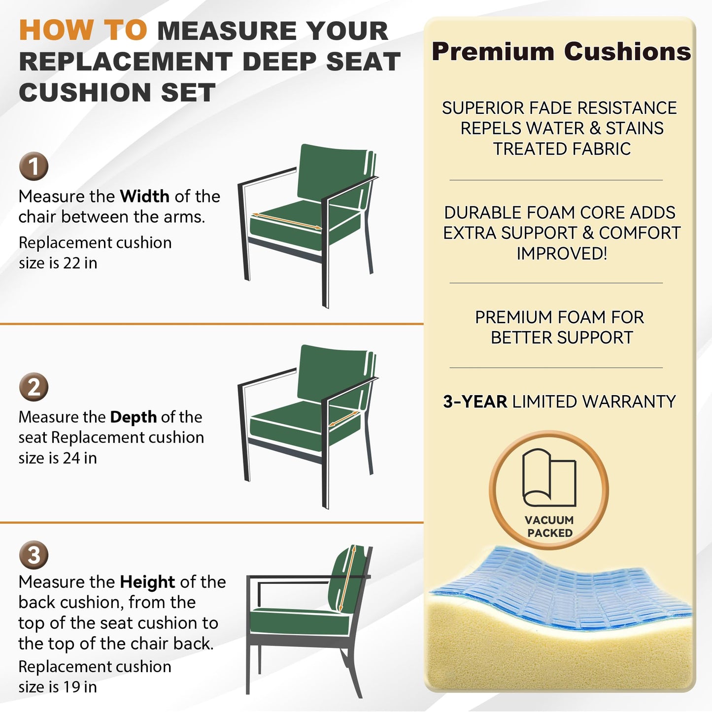 Outdoor Seat Cushion Set 24 x 22 Inch,Olefin Fabric Deep Seat Patio Cushions,Patio Furniture Cushions with Removable Cover,Rain-Proof and Fade Resistant Deep Seat Bottom & Back Cushion with Pillow