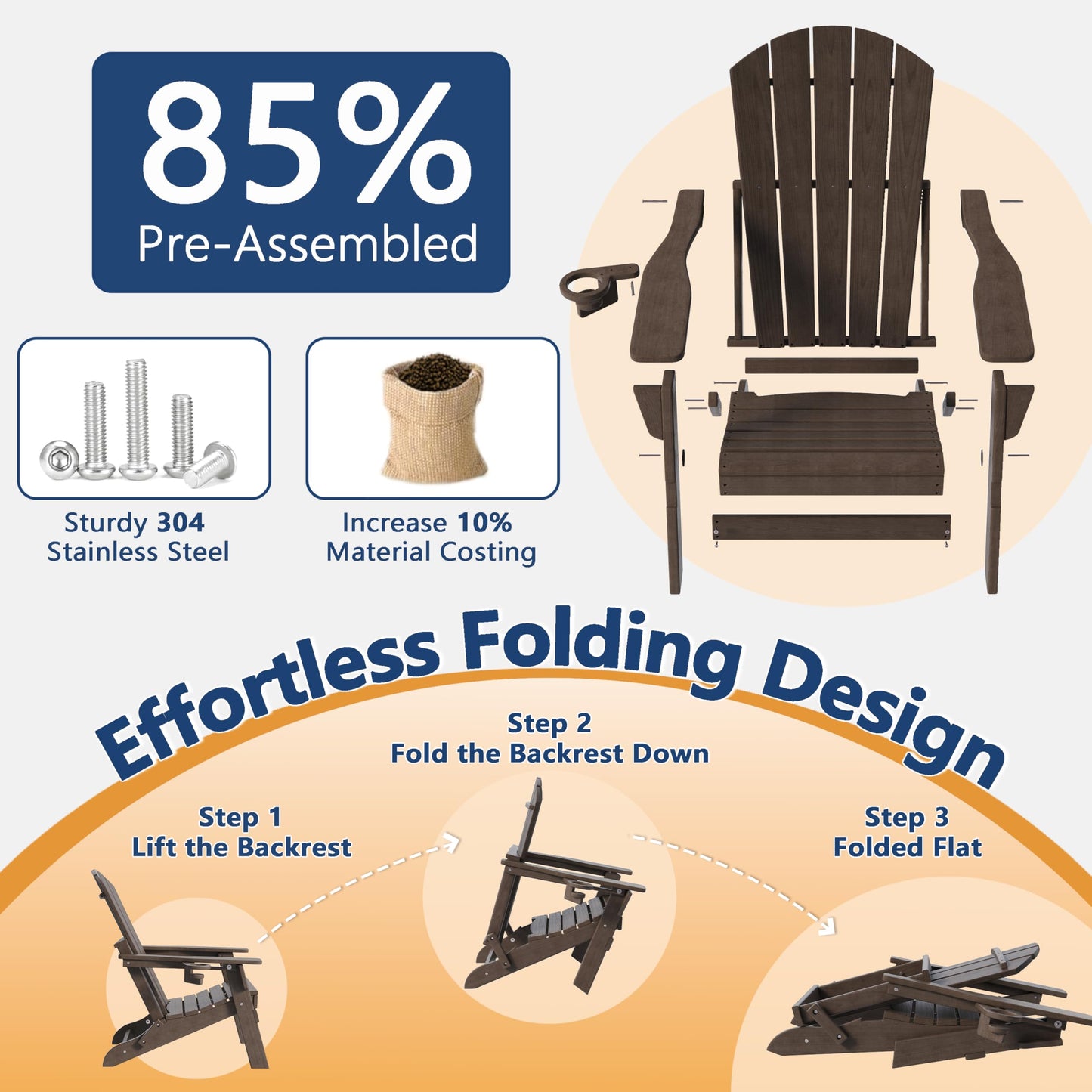 Folding Adirondack Chair Set of 4 with Cup Holder, HDPE All Weather Resistant Plastic Outdoor Patio Chairs, Heavy Duty Fire Pit Seating for Backyard Lawn Garden, Wooden Textured Design(Coffee)