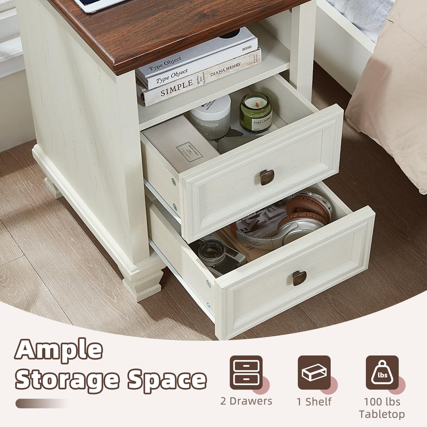 SAVOR LIFE Farmhouse Night Stand with Charging Station, Rustic and Modern Nightstand,2 Drawers End Table for Living Room,Bedside Table with Open Shelf for Bed Room,White