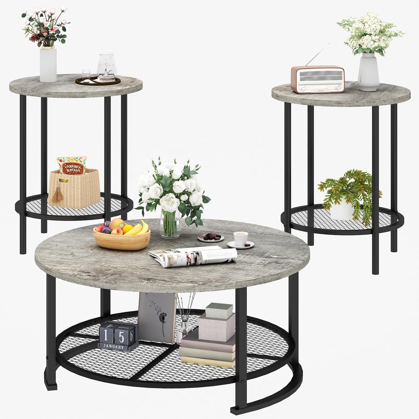DKLGG Living Room Coffee and End Table Sets, Wooden Modern Rustic Center Table with Two Side Tables, 3 Piece Living Room Coffee Table Set with Storage for Living Room, Apartment (Grey)