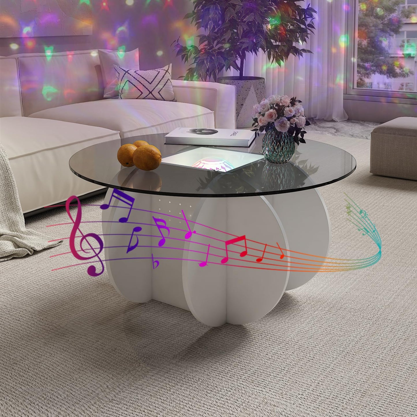 HedoAjim Round LED Coffee Table with Glass Top,Center Table with Storage for Living Room,Small Spaces, Office, and Lounge,32" White and Grey Glass Coffee Table with Smart Music Lamp