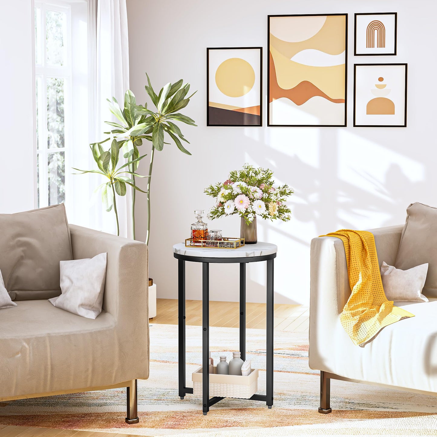 DKLGG Modern Black Side Table Set of 2, Small Coffee Table Round End Table with Black Frame, Faux Marble Bedside Table for Living Room, Bedroom, Small Space, 16" D*24" H
