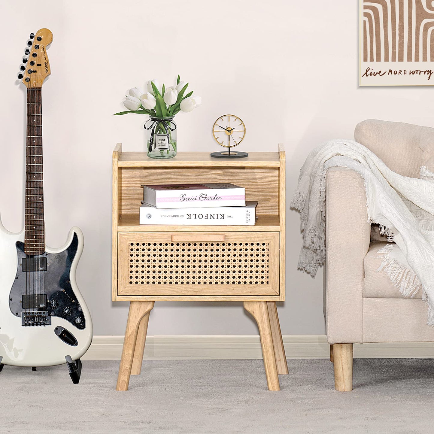 Lerliuo Rattan Nightstands Set of 2, Boho Side Table with Drawer Open Shelf, Cane Accent Bedside End Table with Solid Wood Legs for Bedroom, Dorm and Small Spaces (Natural)