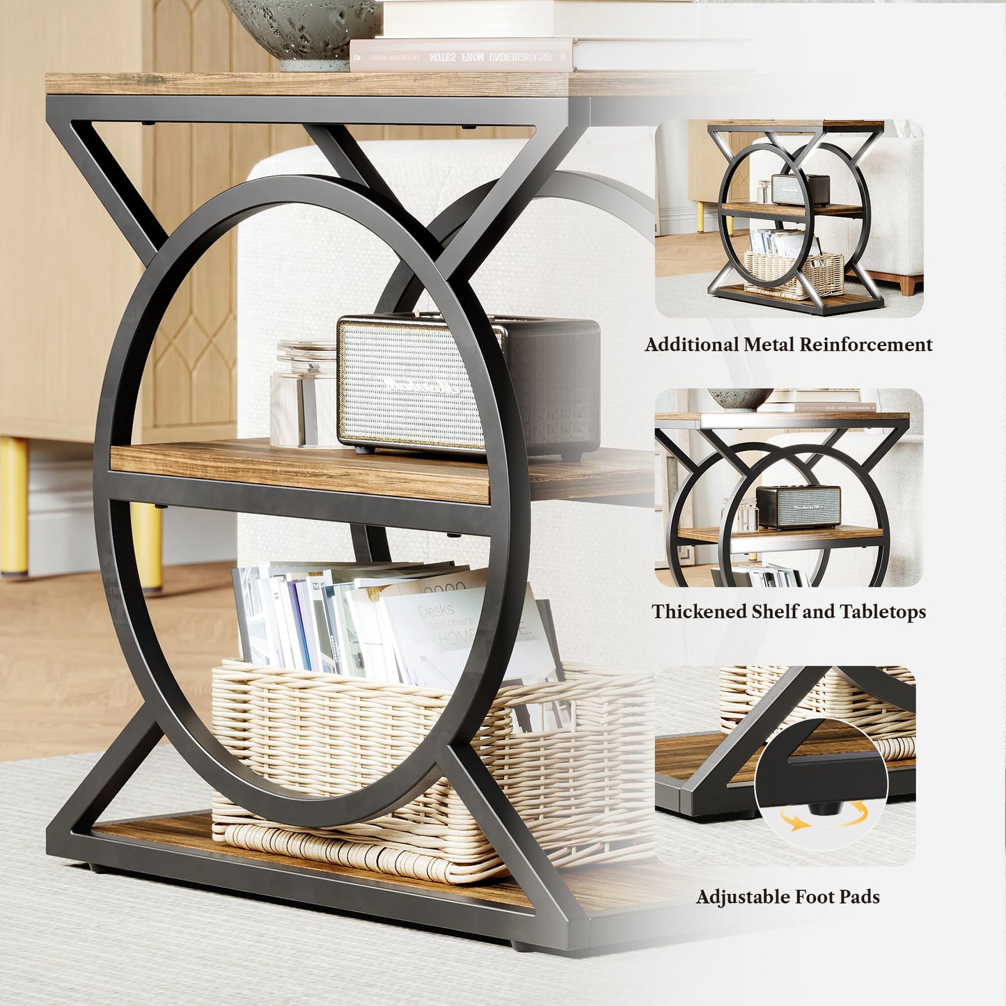 LIKEMET End Table, 3-Tier Small Table with Storage, Narrow Sofa Side Table with Geometric Metal Frame, Industrial Nightstand for Living Room, Bedroom, Rustic Brown and Black