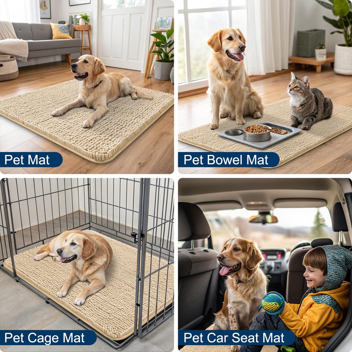 Smiry Dog Door Mat for Muddy Paws 48x30, Absorbs Moisture and Dirt Doormat, Non-Slip Washable Quick Dry Chenille Front Door Mat Indoor Entrance, Entryway Carpet for Inside Floor, Beige