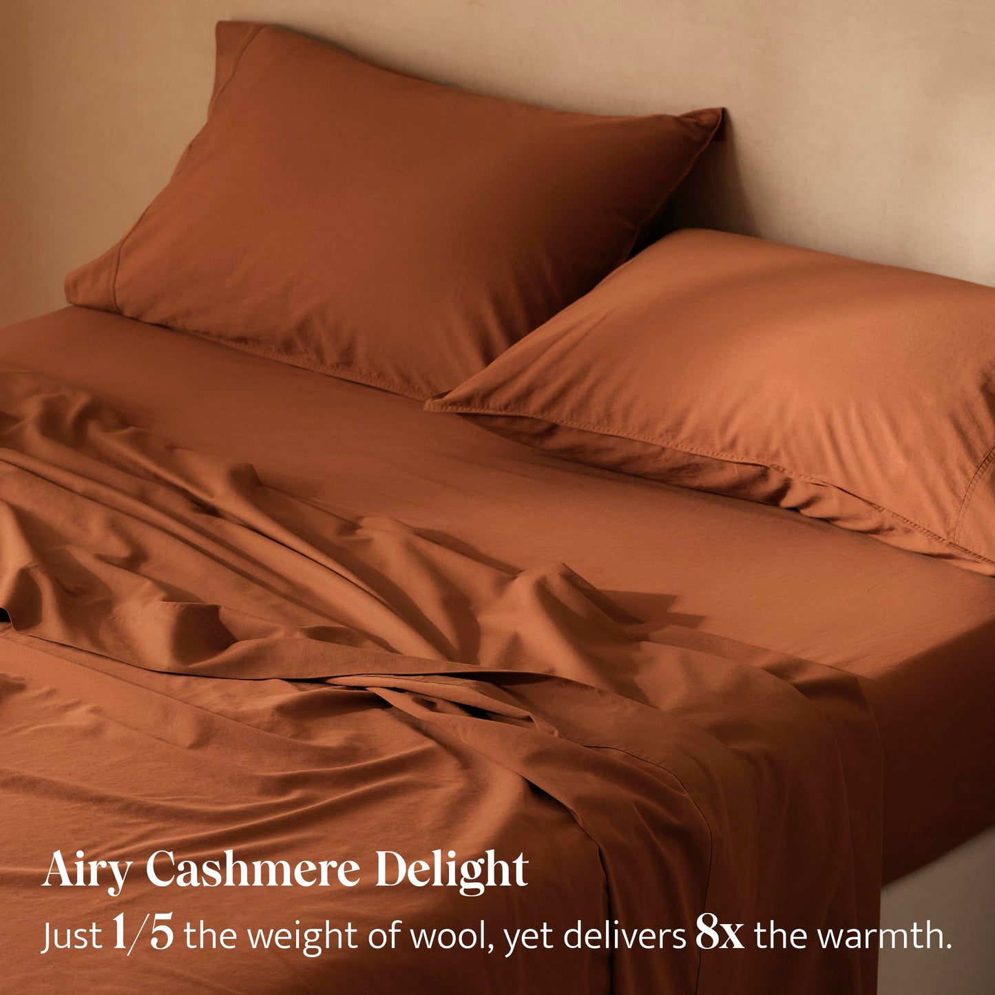 Double Stitch Cashmere Cotton Sheet Set - Mongolian Cashmere and Pima Cotton Blend Sheets King Size, Ultra-Soft, Breathable & Warm Bedding Set, Deep Pocket Up to 16'', Mocha Brown