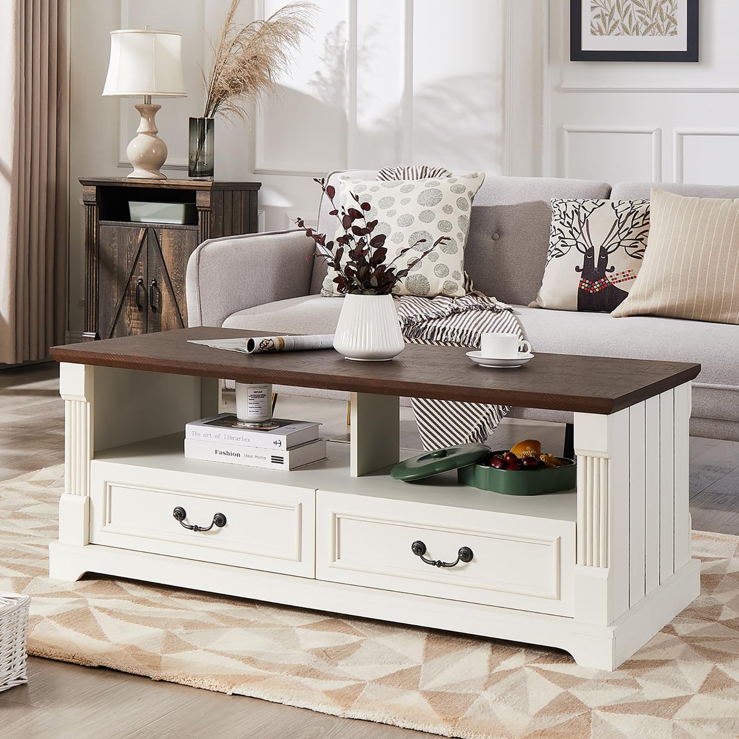 Minifeel 48'' Wood Coffee Table for Living Room, Farmhouse Coffee Table with Storage, Rustic Center Table for Living Room with 4 Drawers, Farmhouse & Industrial Cocktail Table for Home